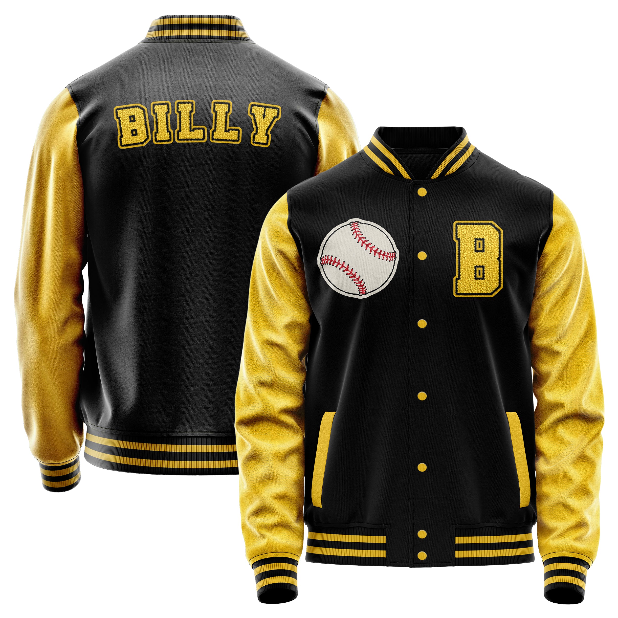 Custom Black Varsity Jacket Patches Egg Yellow Leather Sleeves - Baseball