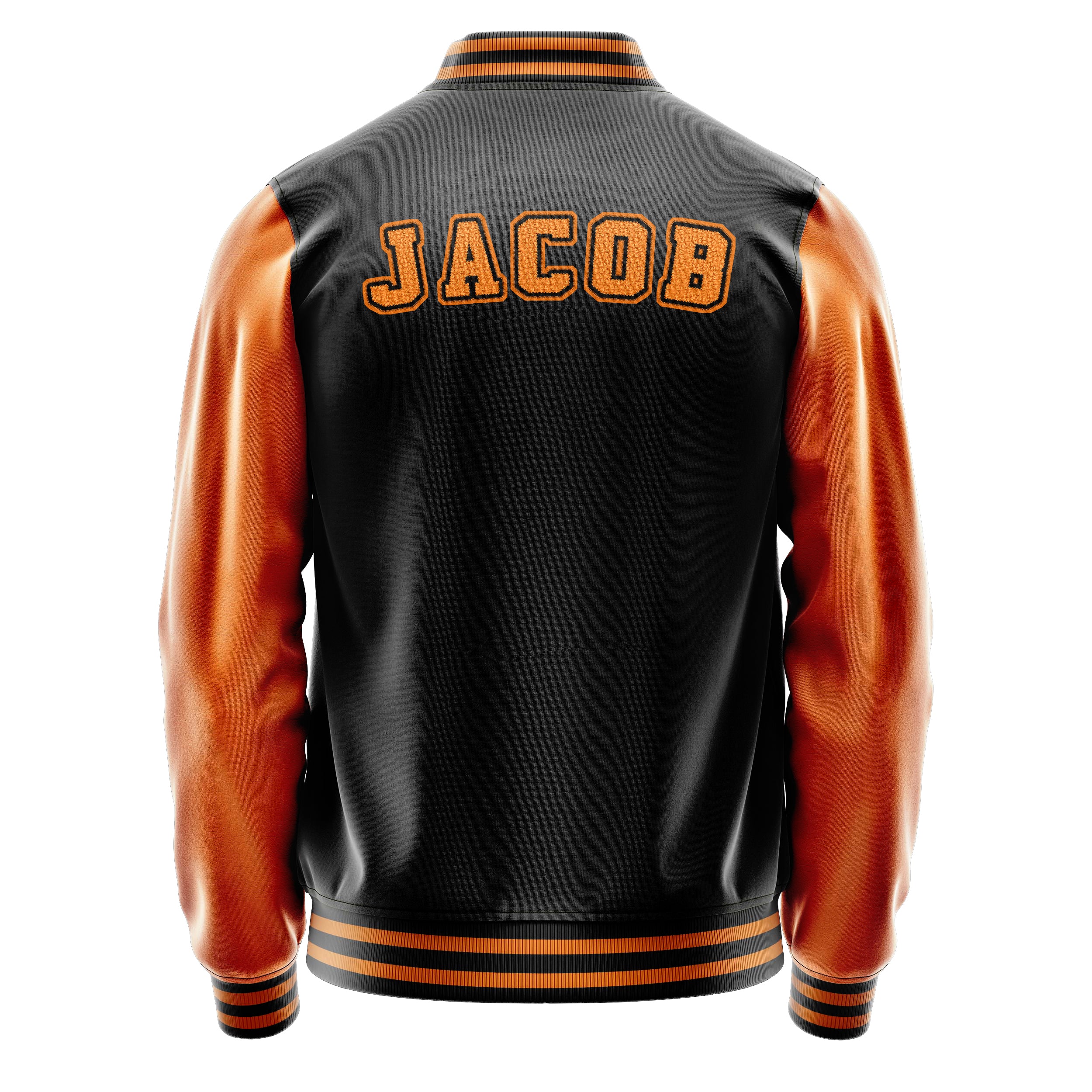 Custom Black Varsity Jacket Patches Orange Leather Sleeves - Baseball