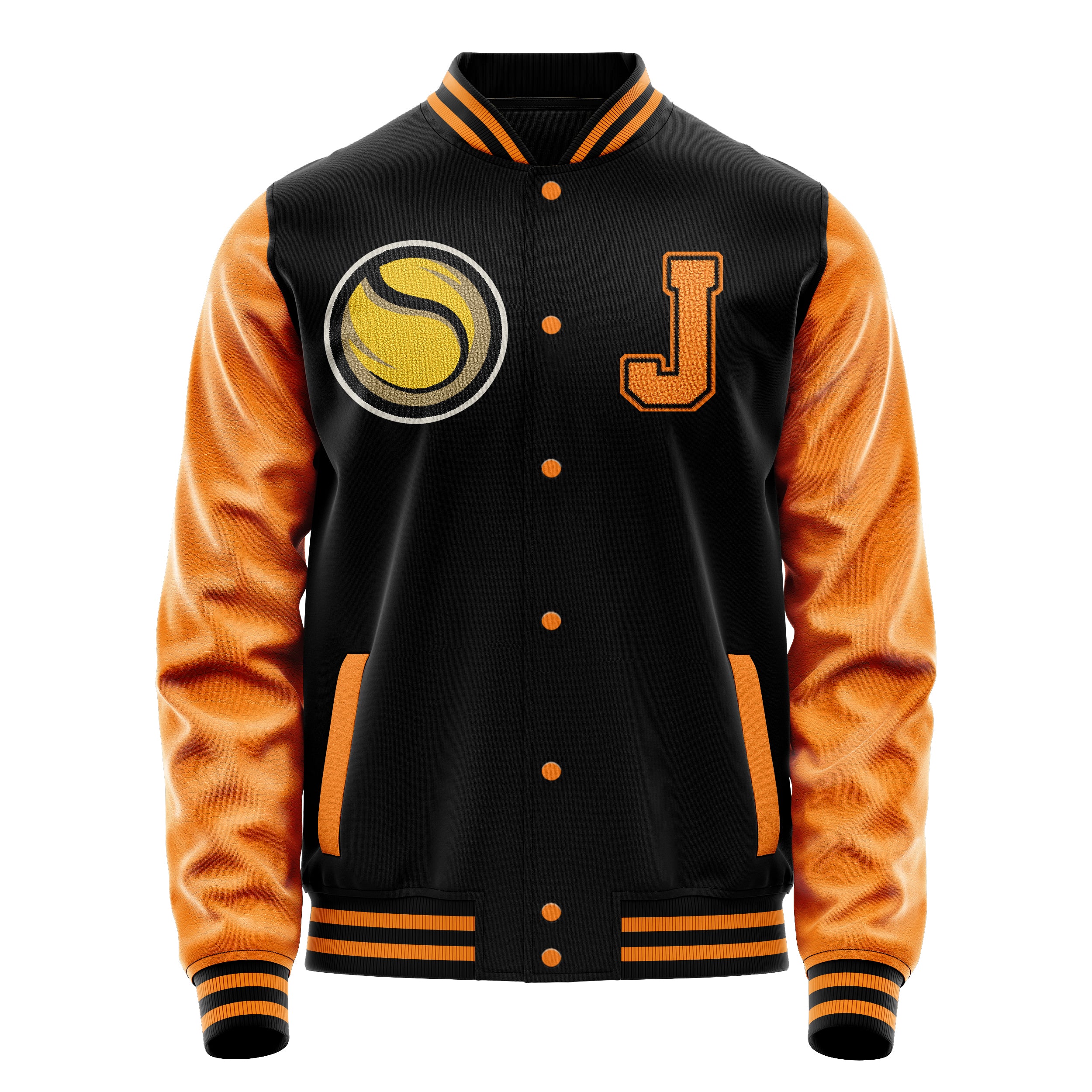 Custom Black Varsity Jacket Patches Orange Leather Sleeves - Baseball