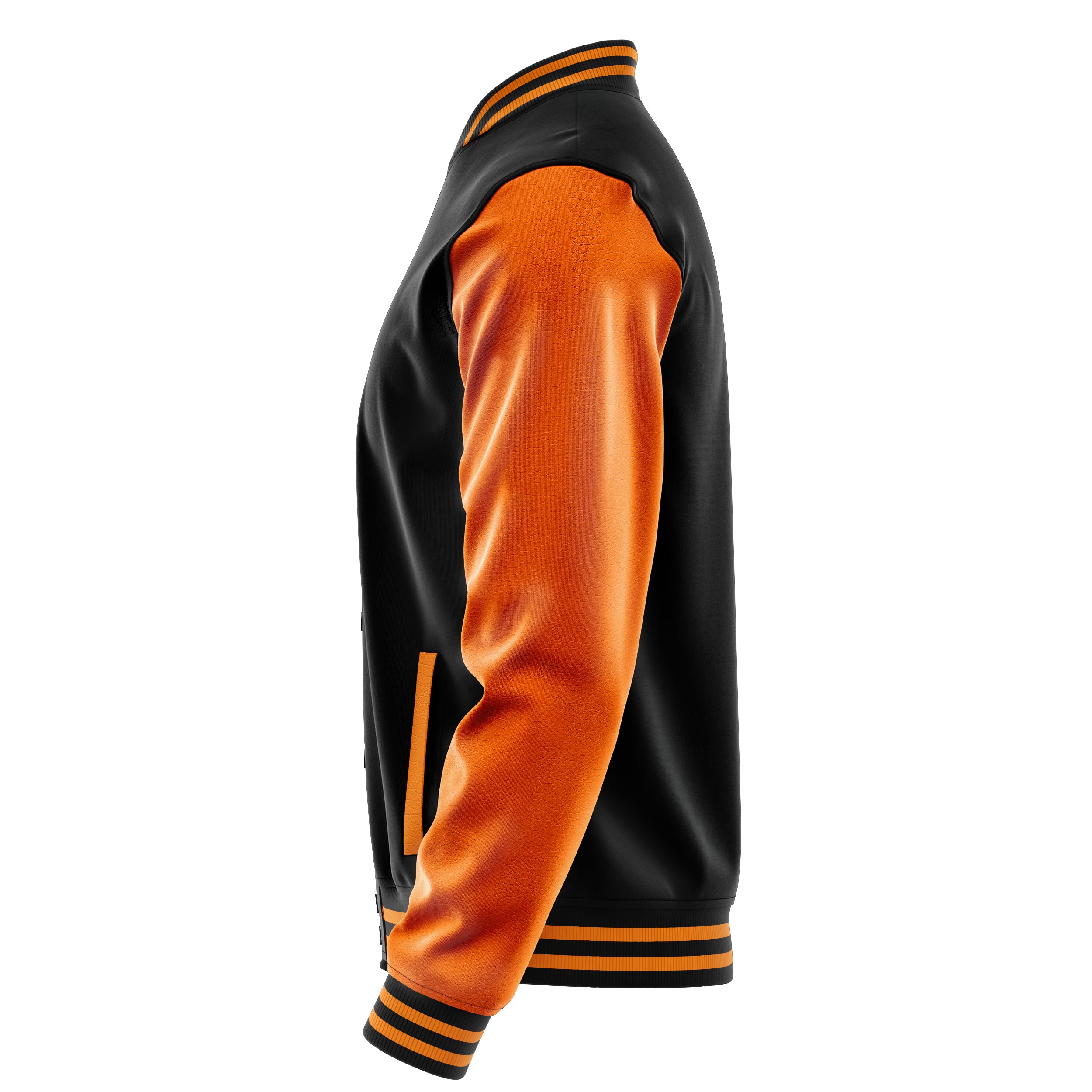 Custom Black Varsity Jacket Patches Orange Leather Sleeves - Baseball