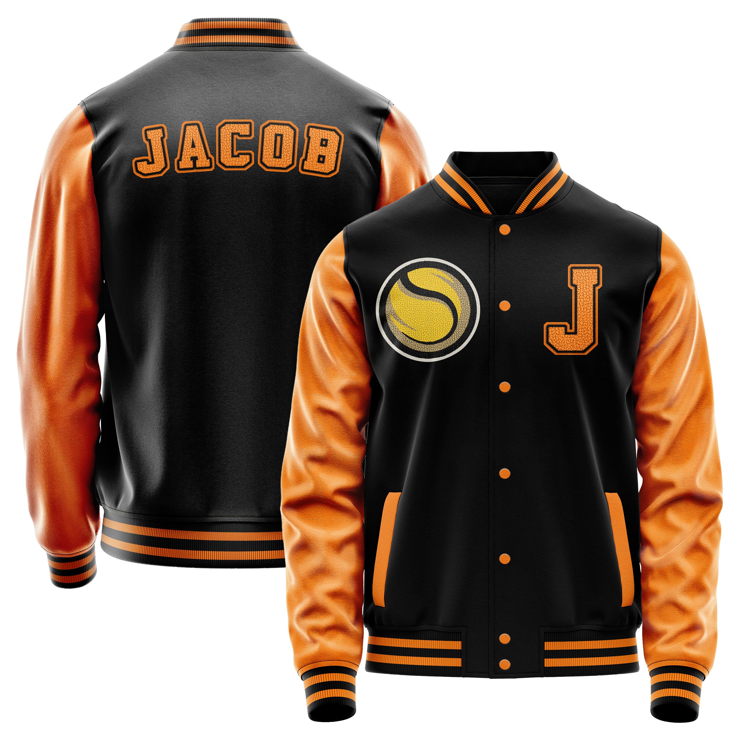 Custom Black Varsity Jacket Patches Orange Leather Sleeves - Baseball