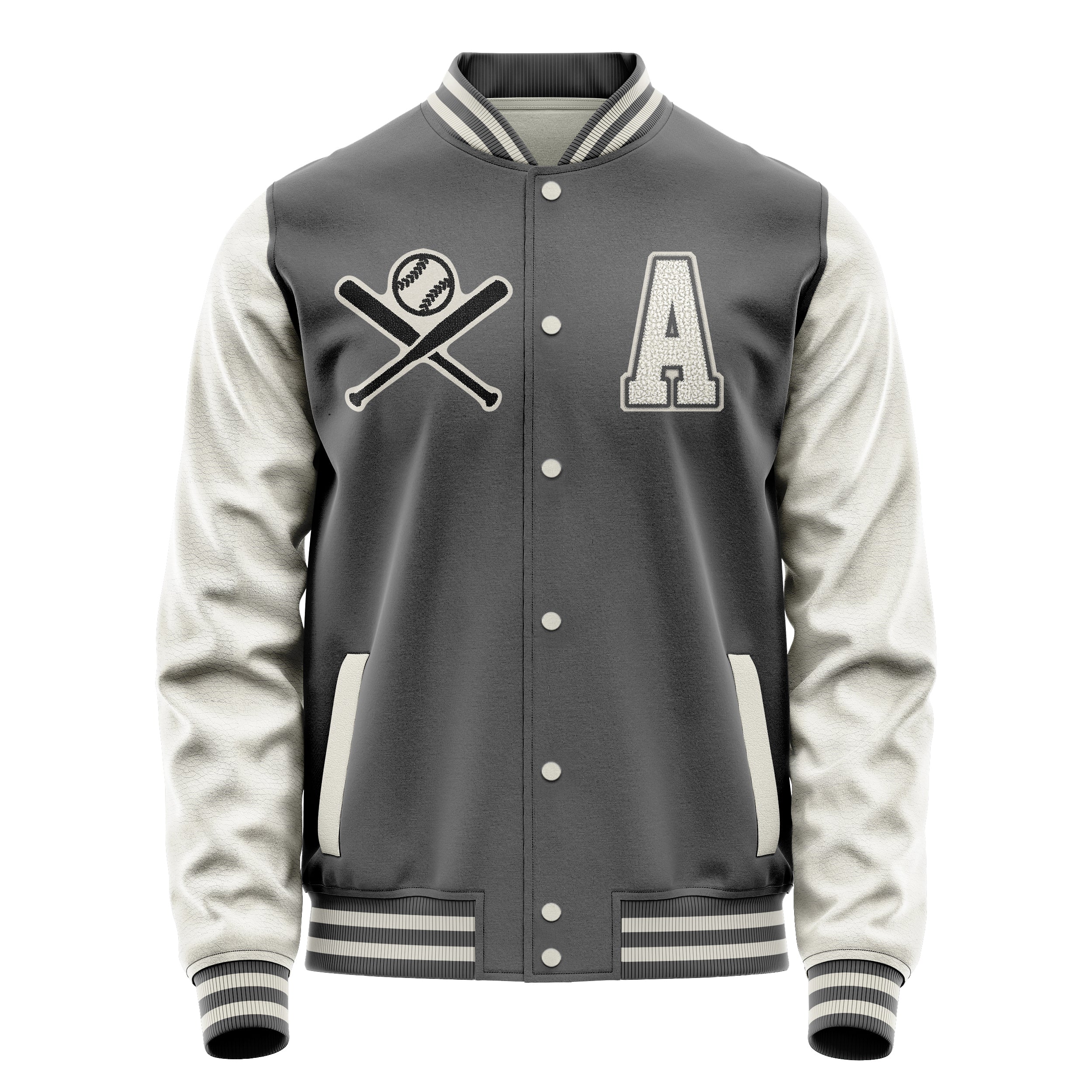 Custom Gray Varsity Jacket Patches Beige Leather Sleeves - Baseball