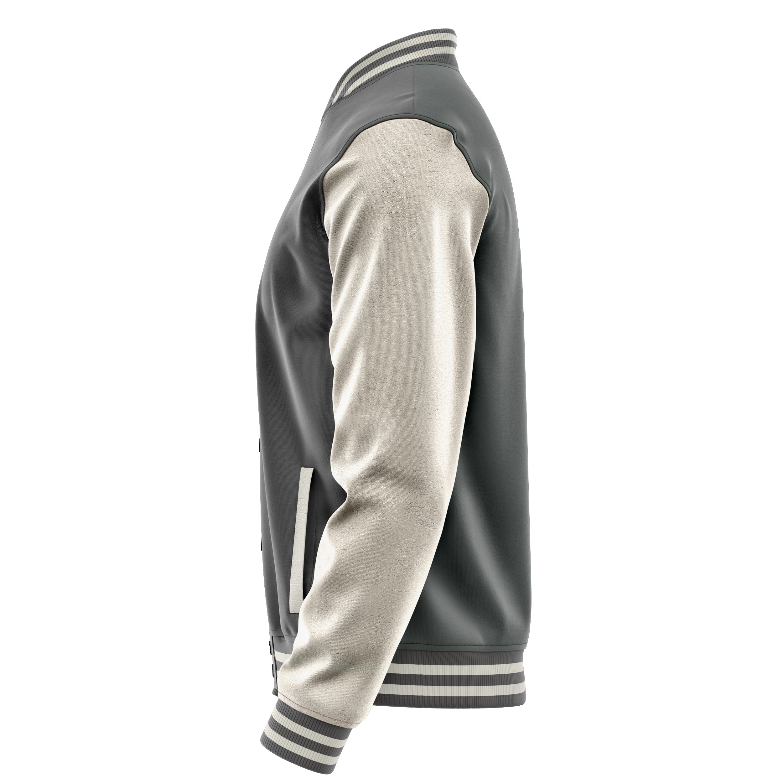 Custom Gray Varsity Jacket Patches Beige Leather Sleeves - Baseball