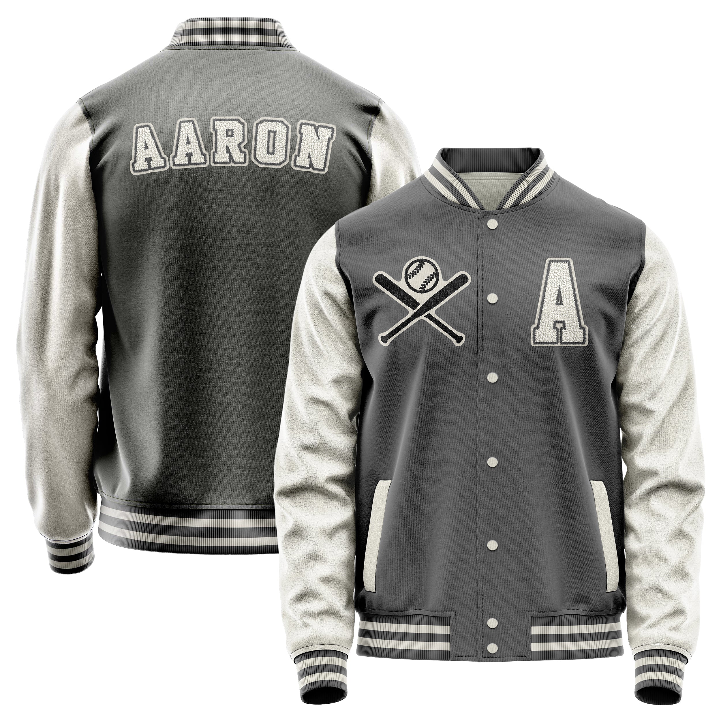 Custom Gray Varsity Jacket Patches Beige Leather Sleeves - Baseball