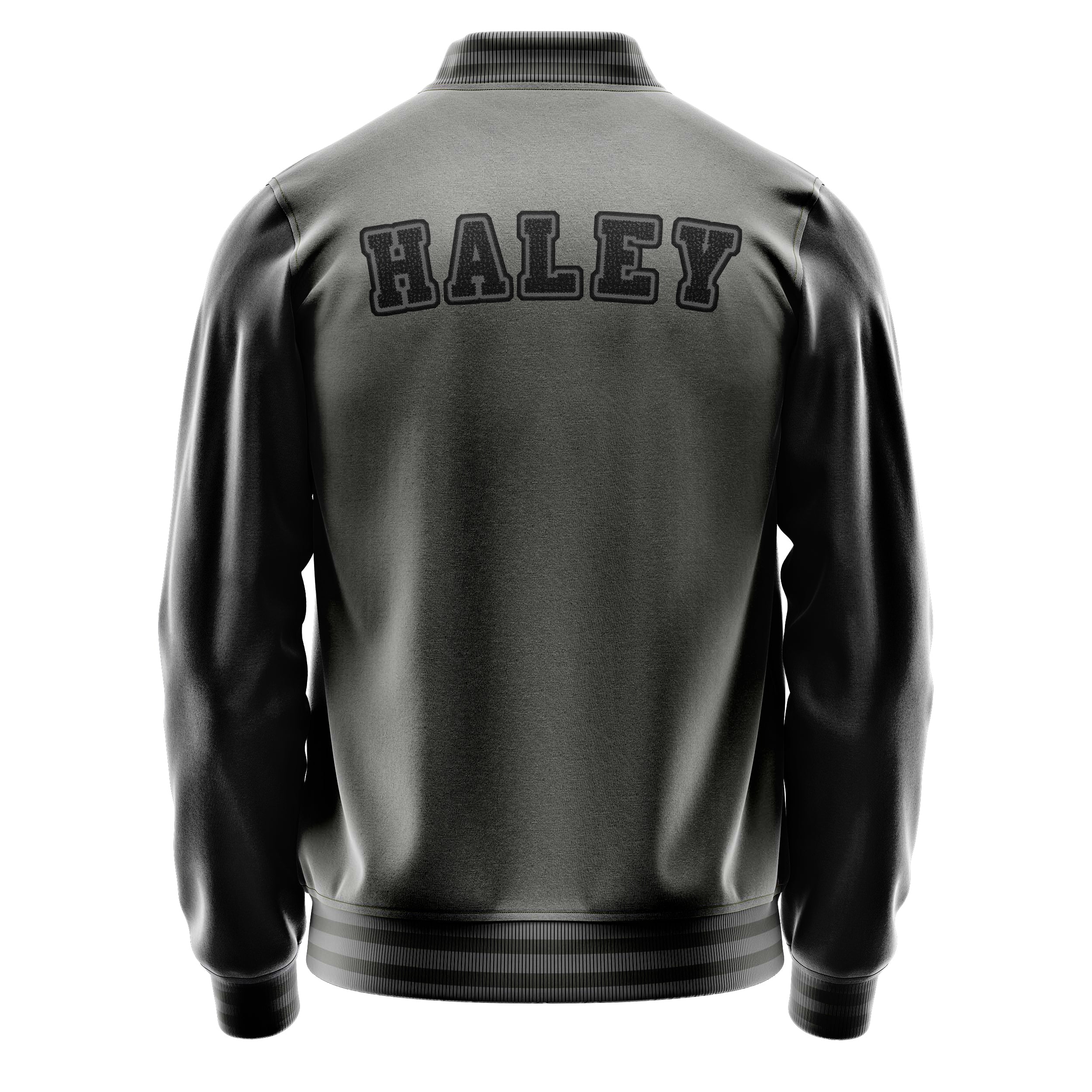 Custom Gray Varsity Jacket Patches Black Leather Sleeves - baseball logo