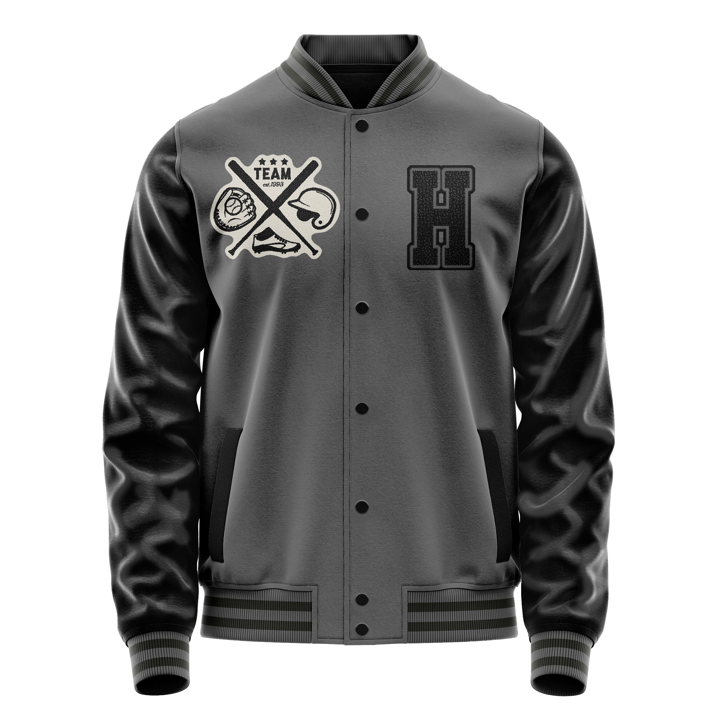 Custom Gray Varsity Jacket Patches Black Leather Sleeves - baseball logo