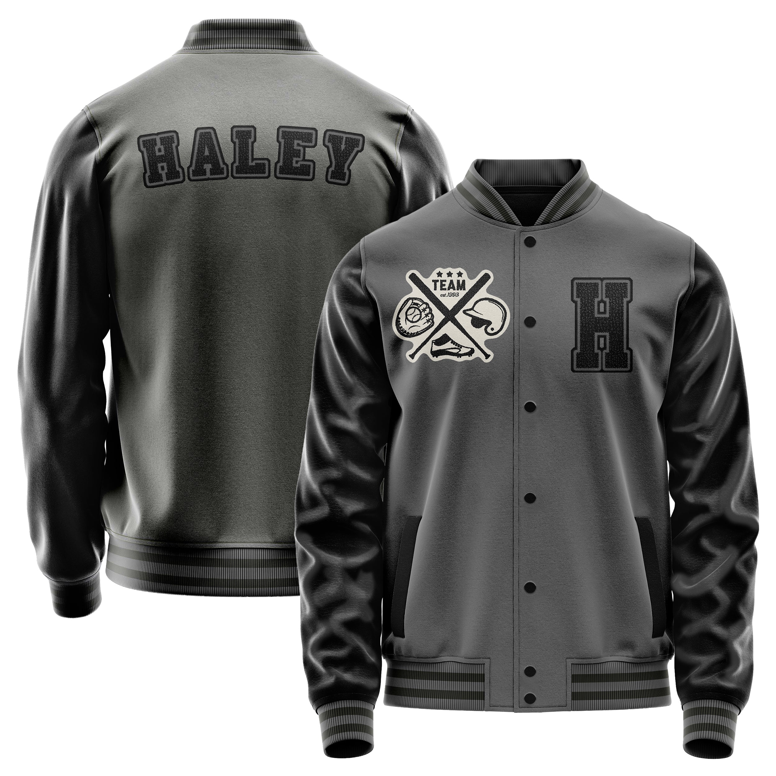 Custom Gray Varsity Jacket Patches Black Leather Sleeves - baseball logo