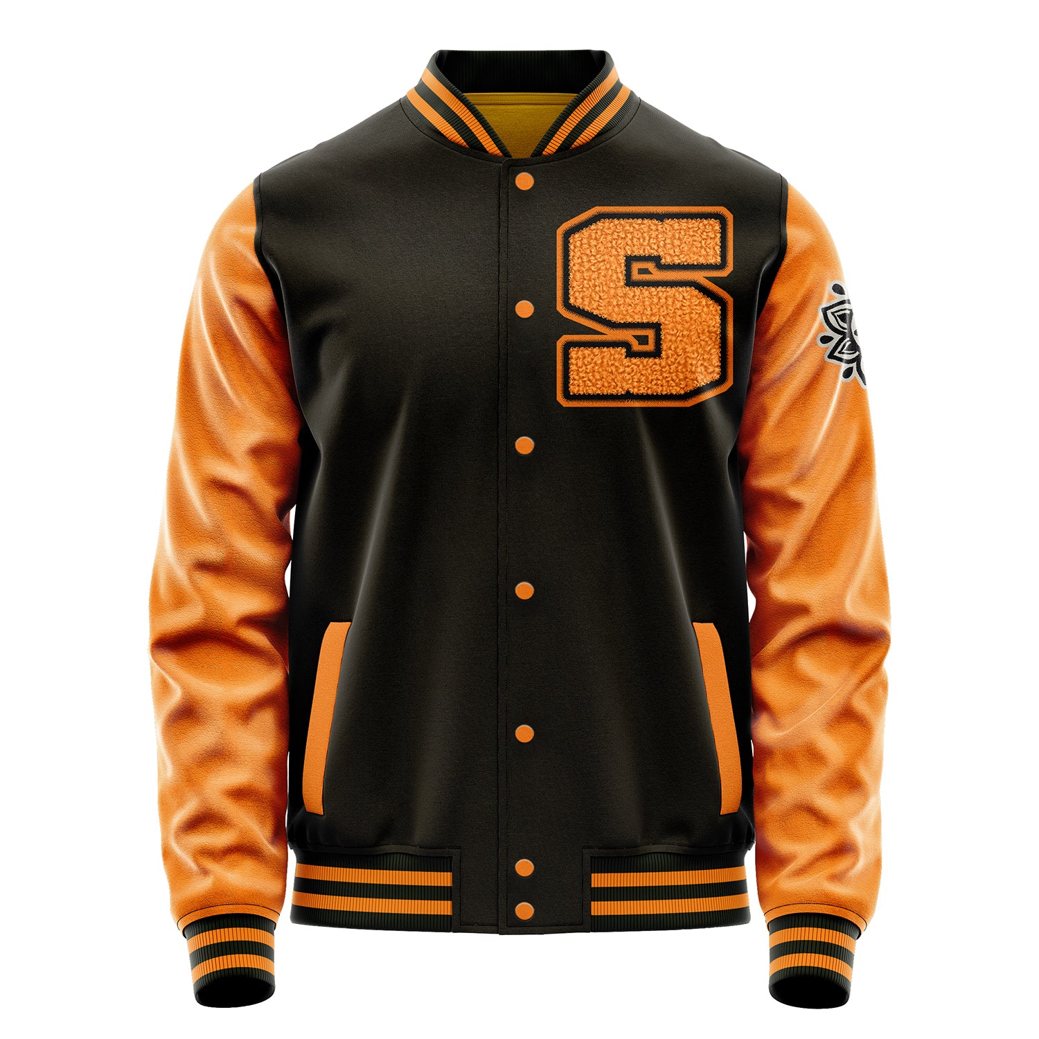 Custom Brown Varsity Jacket Patches Orange Leather Sleeves - Flower