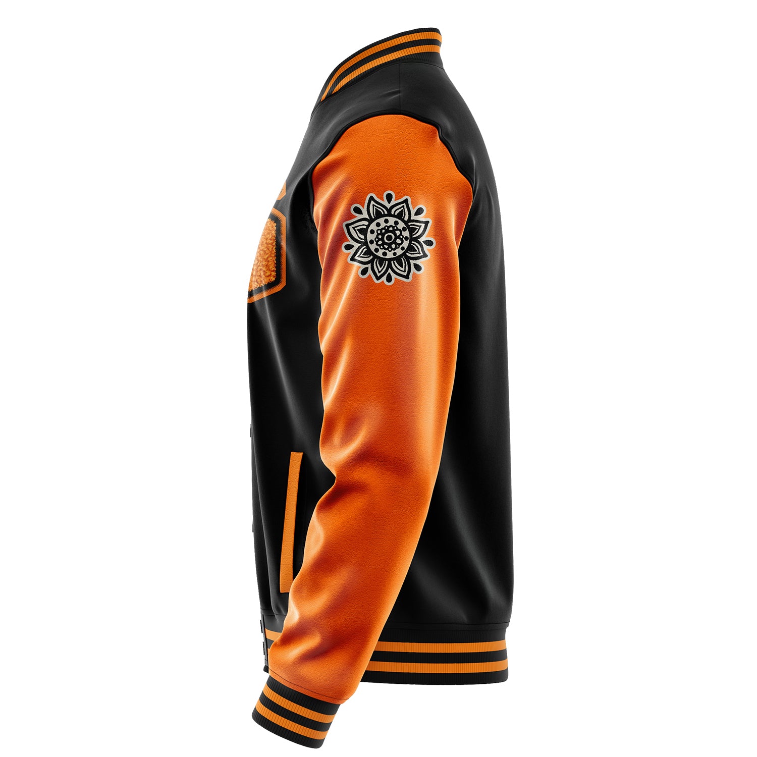 Custom Brown Varsity Jacket Patches Orange Leather Sleeves - Flower