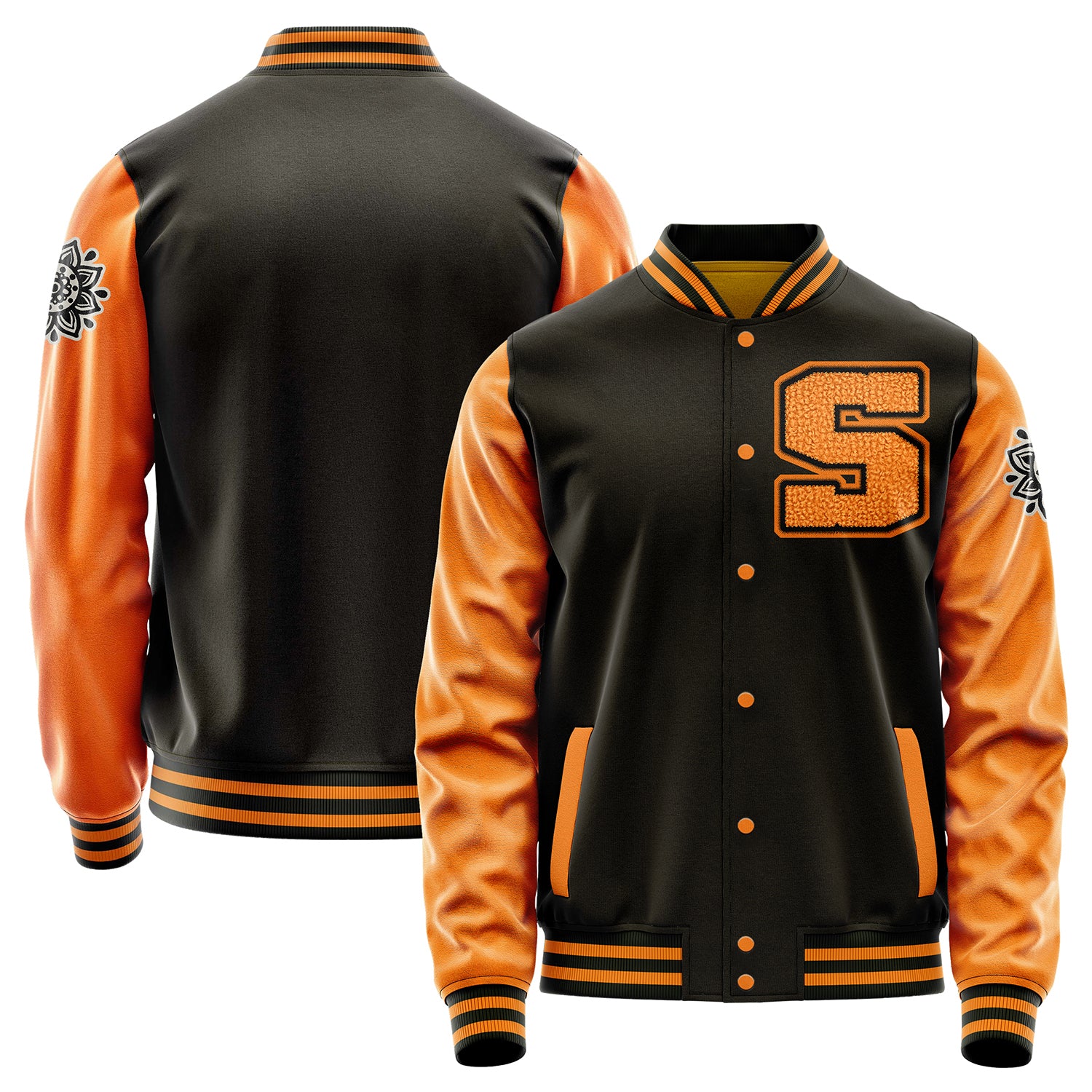 Custom Brown Varsity Jacket Patches Orange Leather Sleeves - Flower