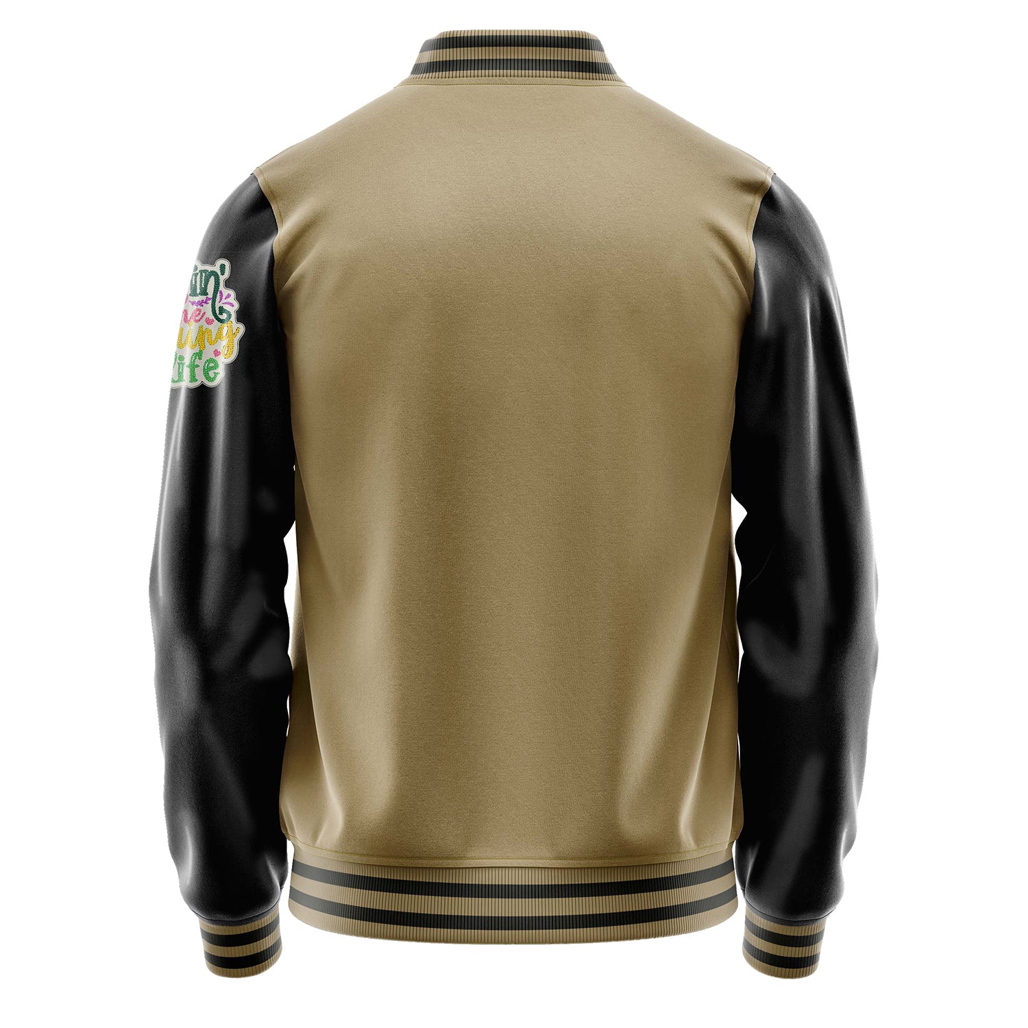 Custom Camel Varsity Jacket Patches Black Leather Sleeves - Living the Spring life