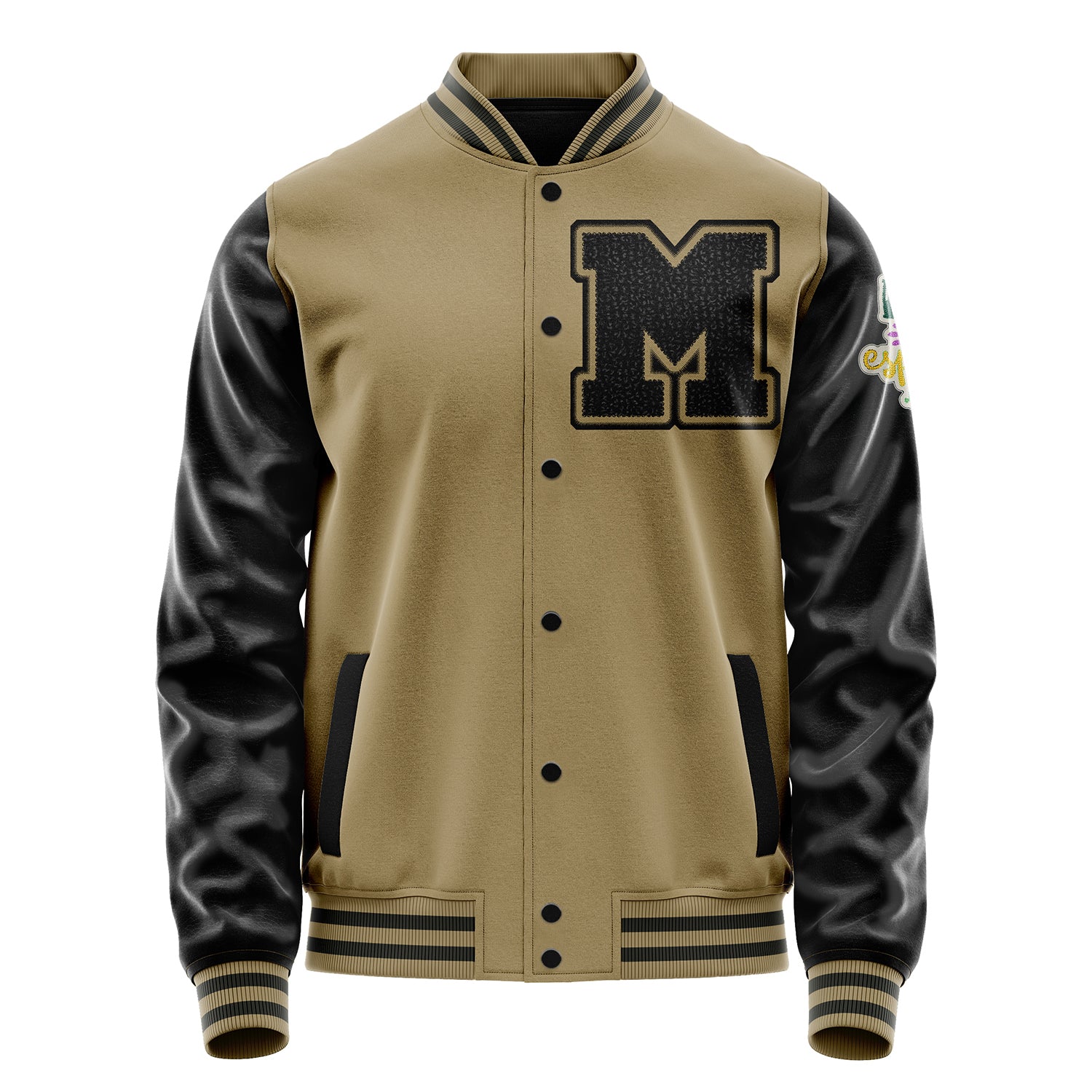 Custom Camel Varsity Jacket Patches Black Leather Sleeves - Living the Spring life