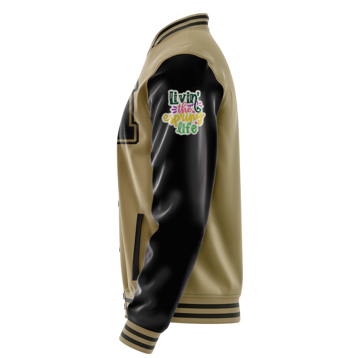 Custom Camel Varsity Jacket Patches Black Leather Sleeves - Living the Spring life