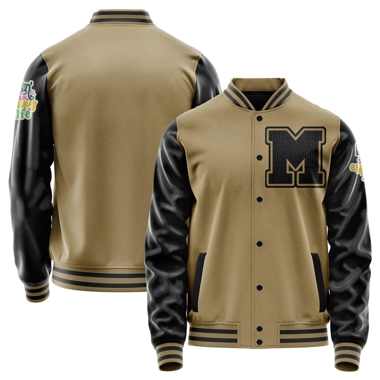 Custom Camel Varsity Jacket Patches Black Leather Sleeves - Living the Spring life