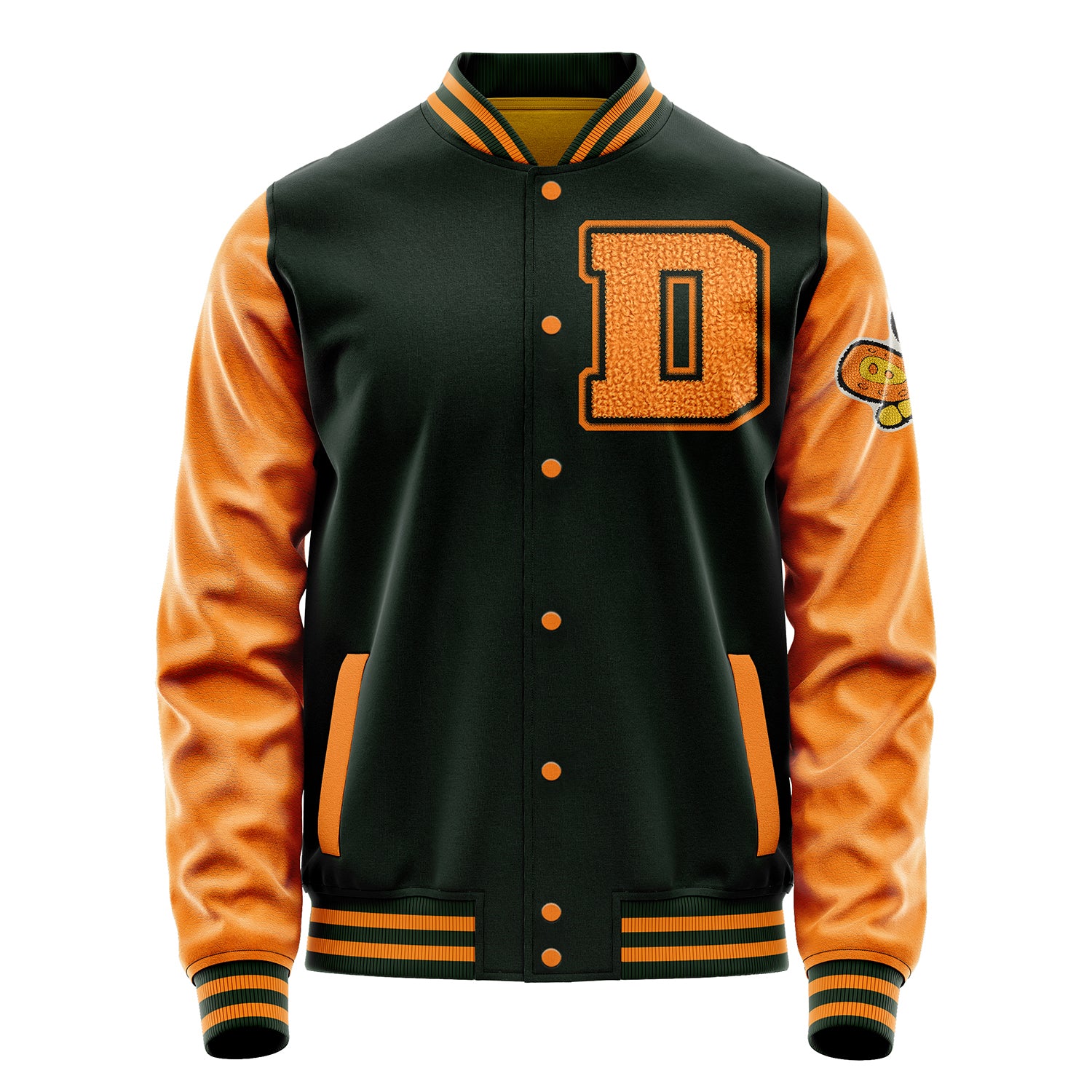 Custom Dark Green Varsity Jacket Patches Orange Leather Sleeves - Butterflies