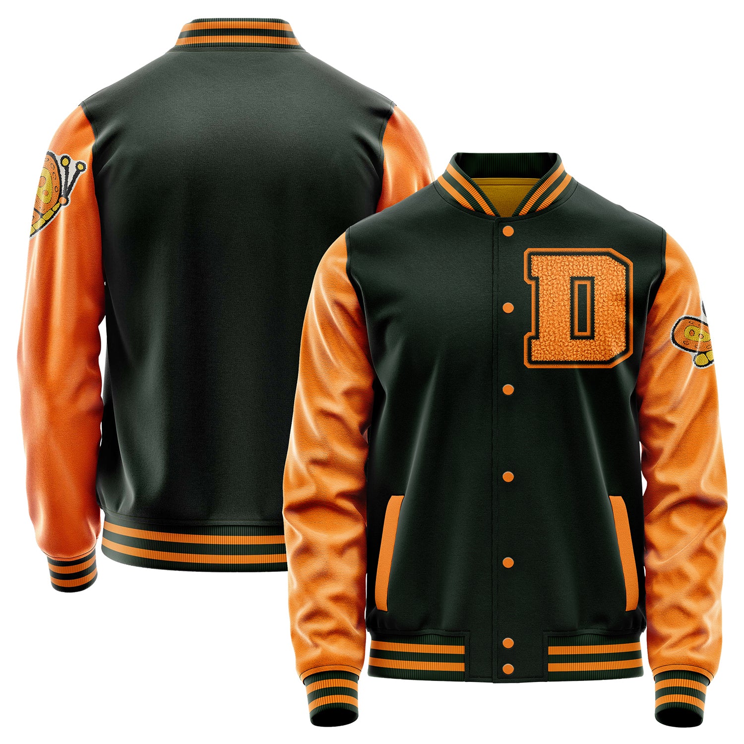 Custom Dark Green Varsity Jacket Patches Orange Leather Sleeves - Butterflies