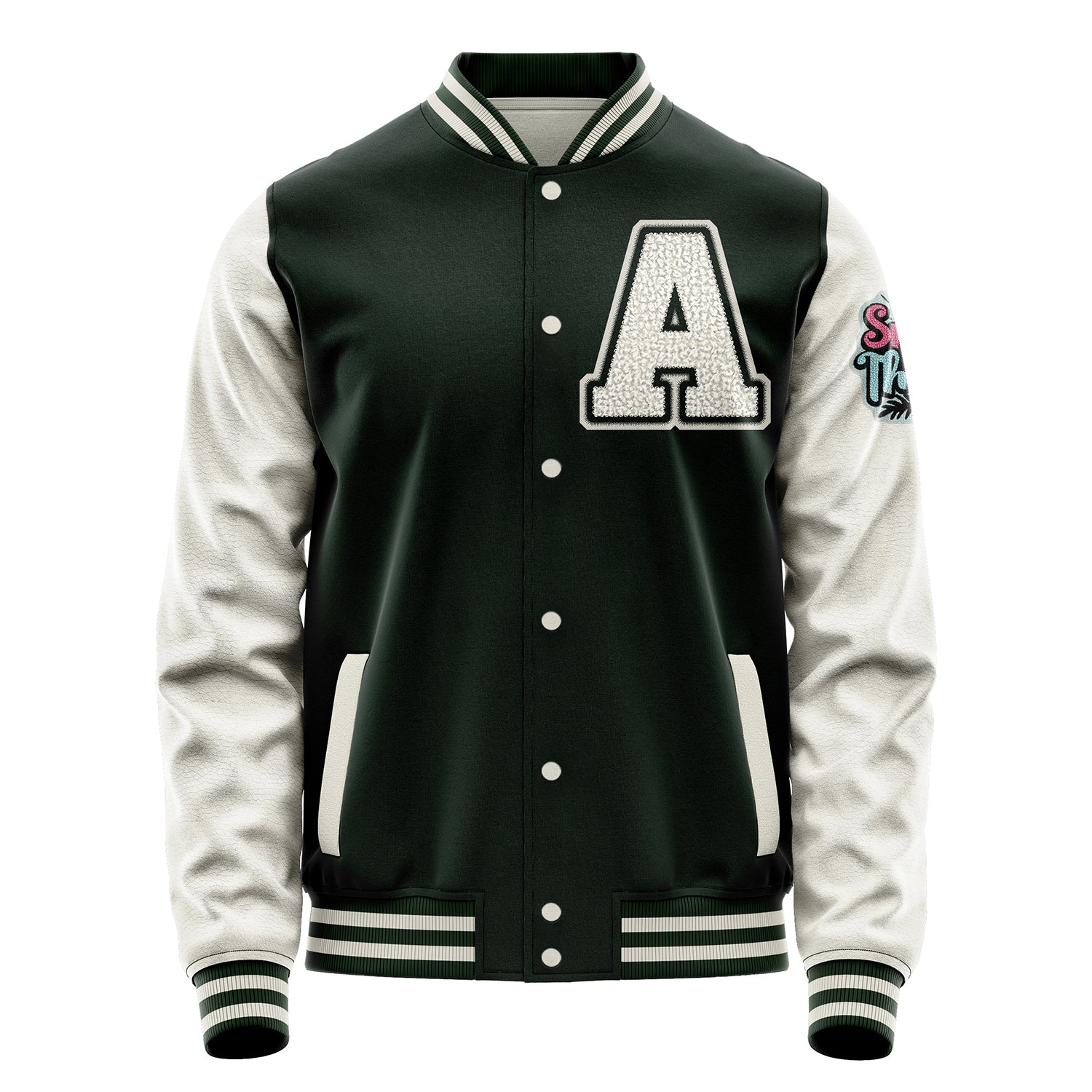 Custom Dark Green Varsity Jacket Patches Beige Leather Sleeves - Spring is in the air