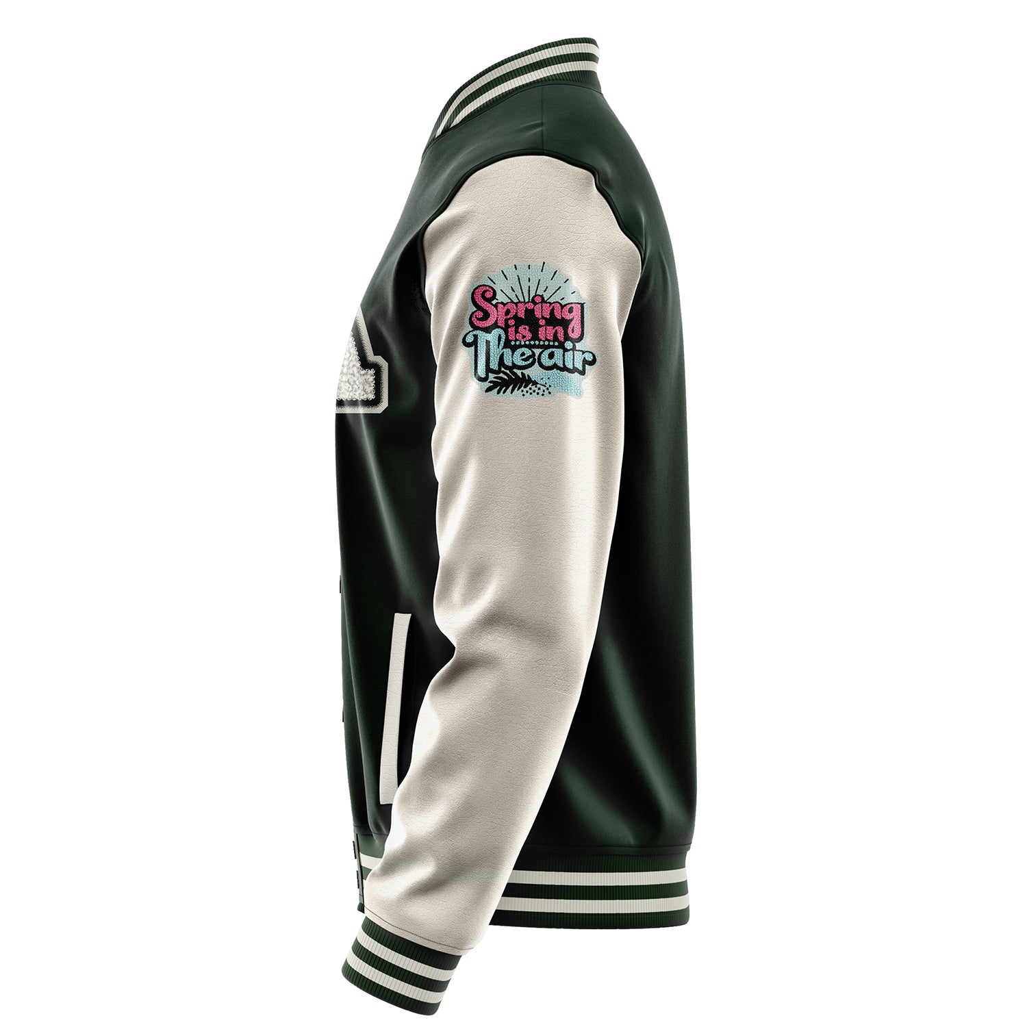 Custom Dark Green Varsity Jacket Patches Beige Leather Sleeves - Spring is in the air