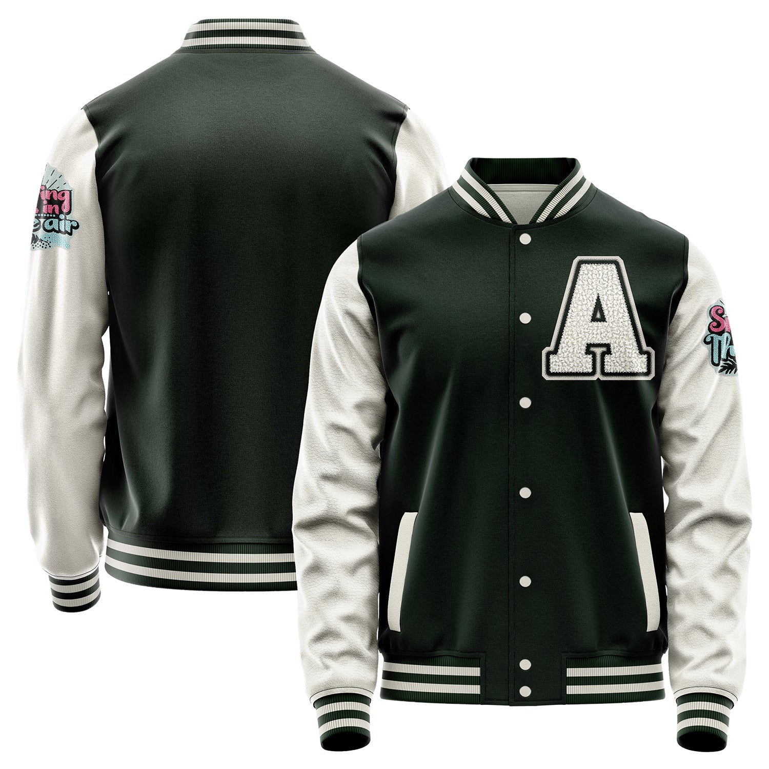 Custom Dark Green Varsity Jacket Patches Beige Leather Sleeves - Spring is in the air