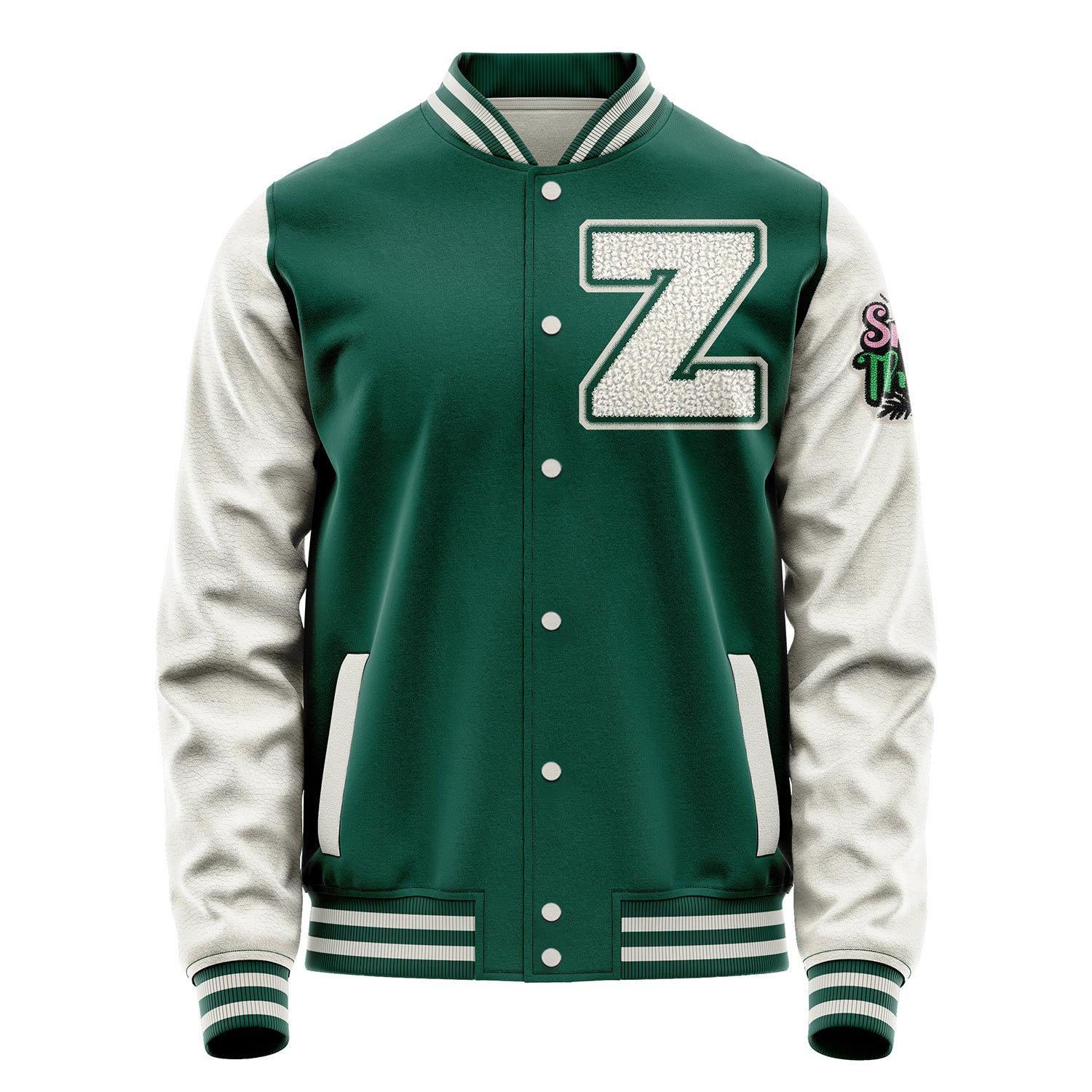 Custom Green Varsity Jacket Patches Beige Leather Sleeves - Spring is in the air