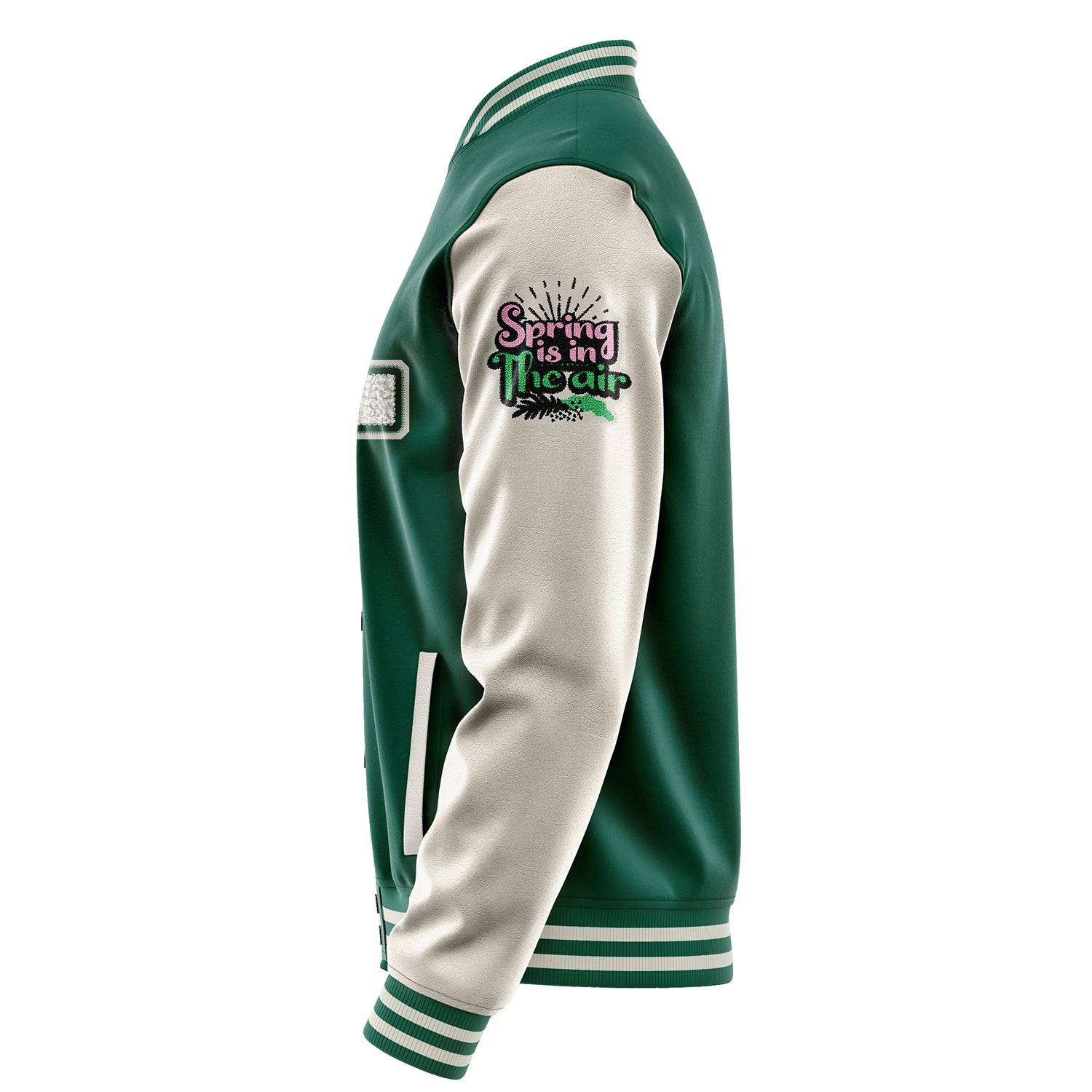 Custom Green Varsity Jacket Patches Beige Leather Sleeves - Spring is in the air