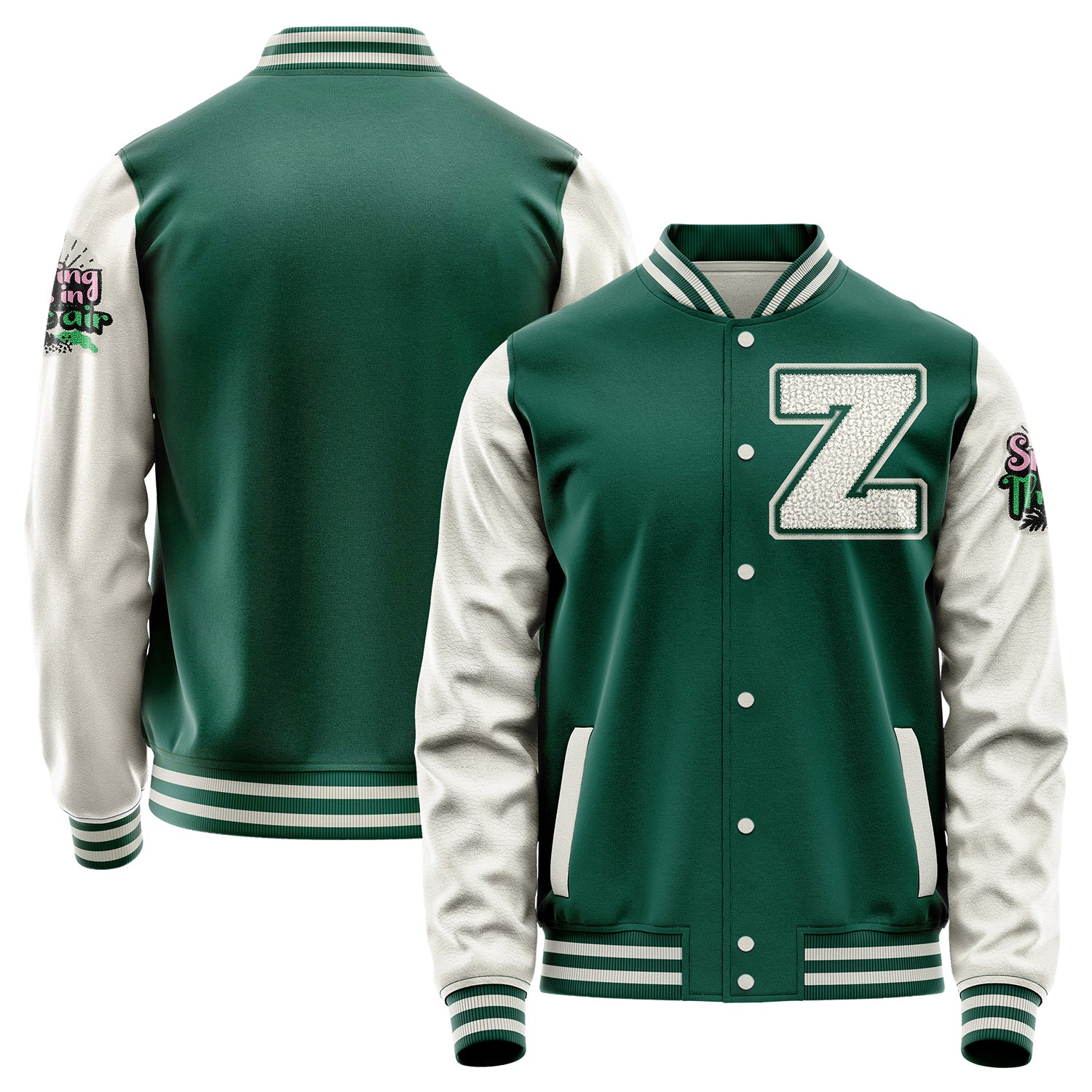 Custom Green Varsity Jacket Patches Beige Leather Sleeves - Spring is in the air