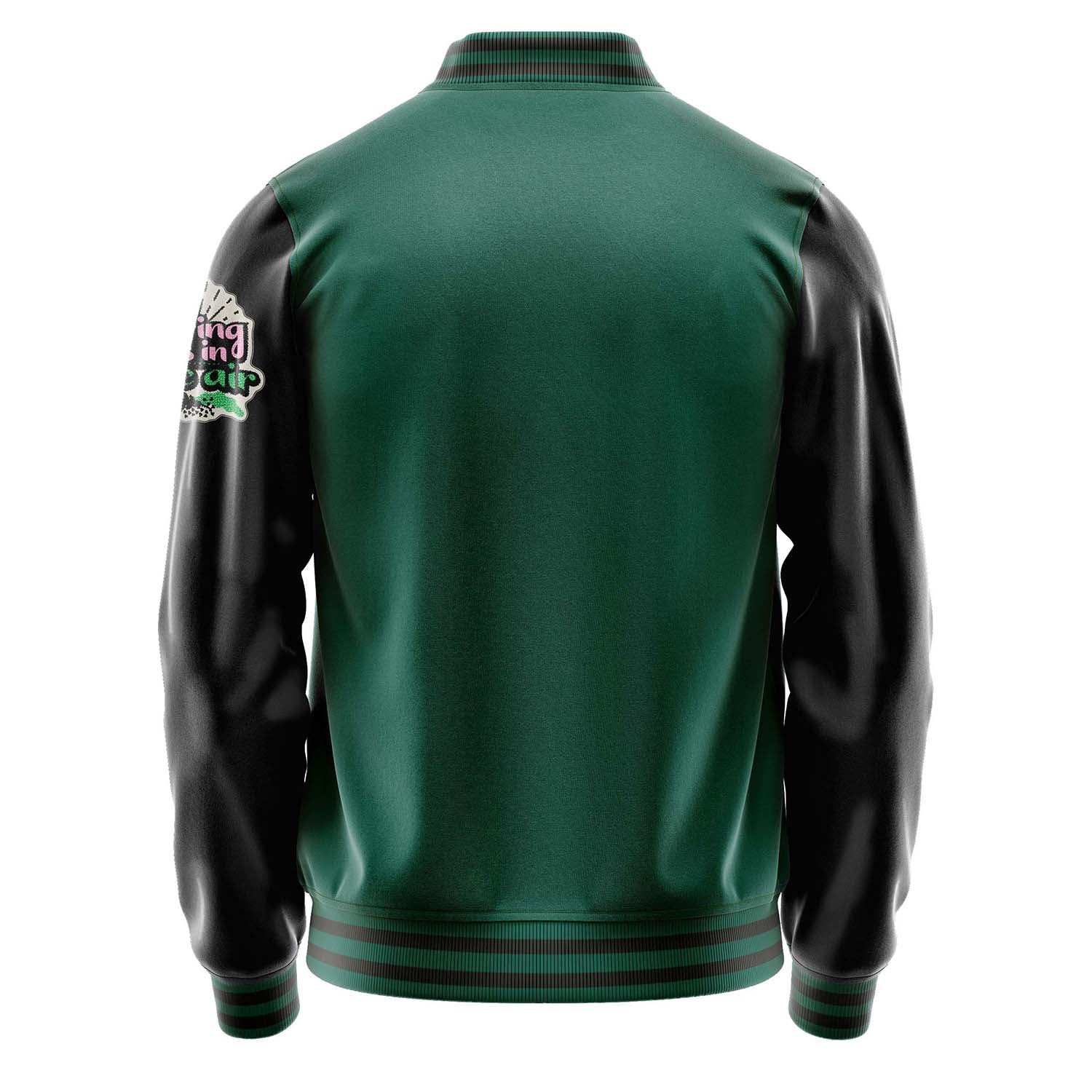 Custom Green Varsity Jacket Patches Black Leather Sleeves - Spring is in the air