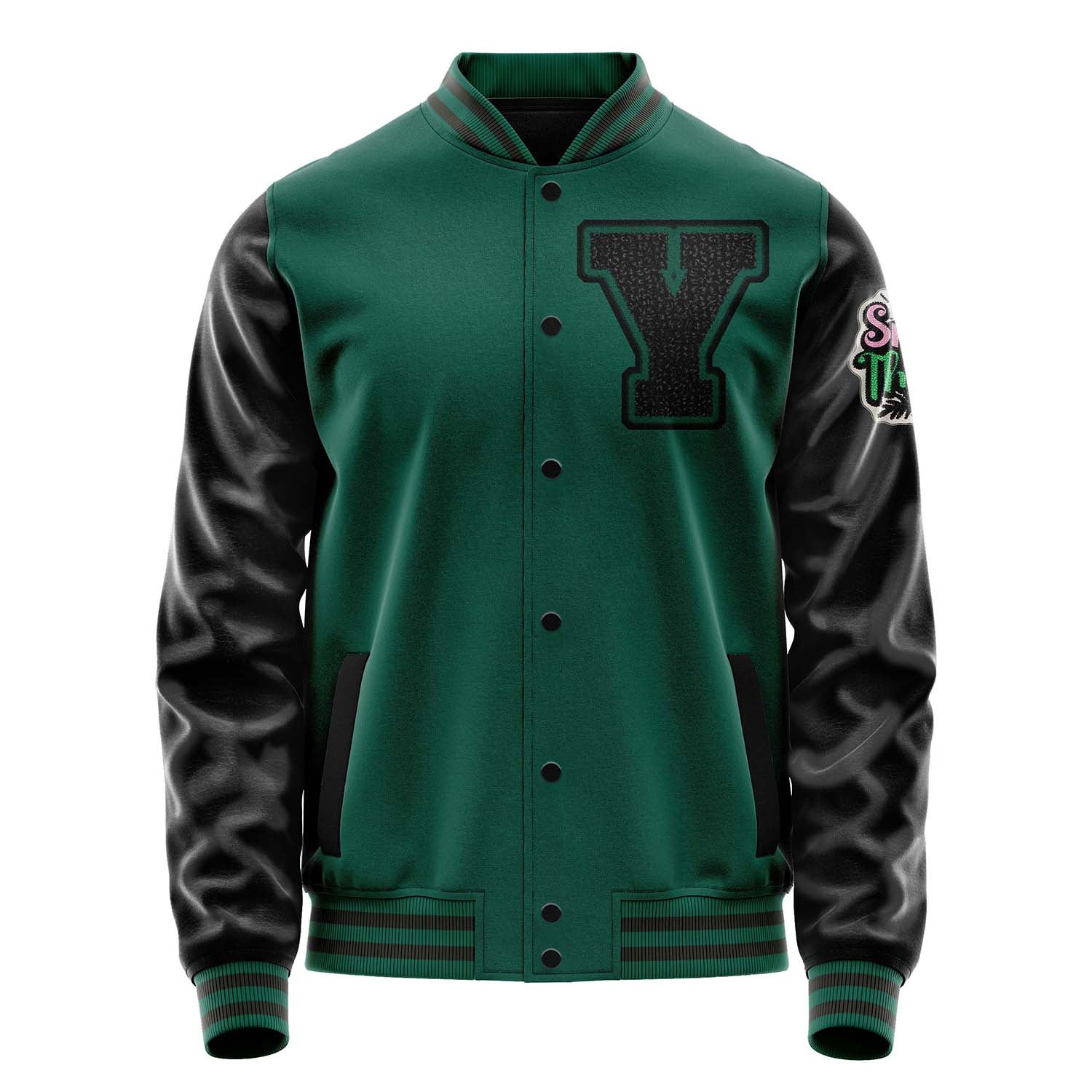 Custom Green Varsity Jacket Patches Black Leather Sleeves - Spring is in the air