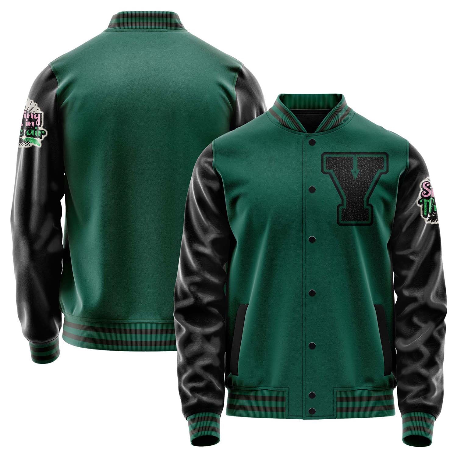 Custom Green Varsity Jacket Patches Black Leather Sleeves - Spring is in the air