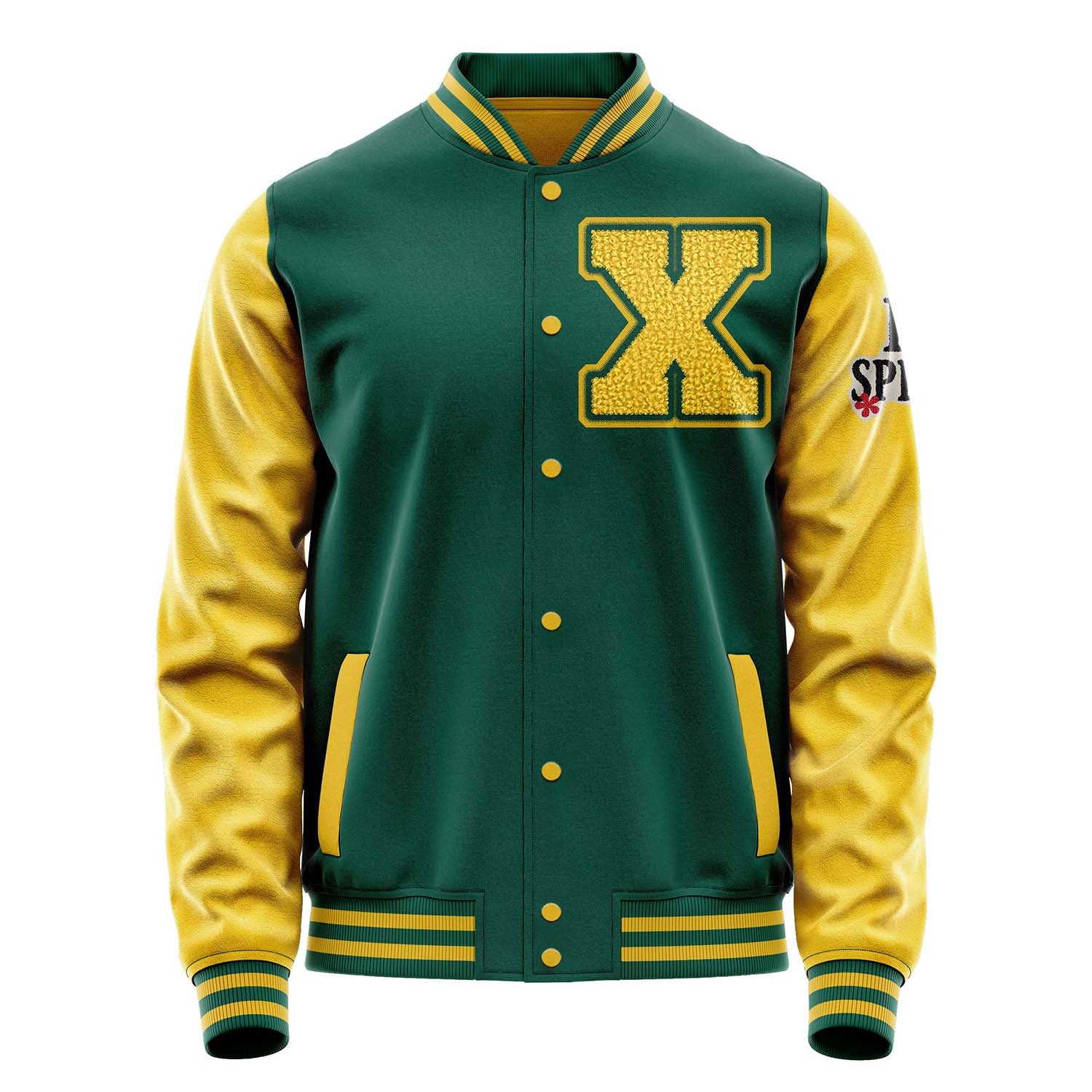 Custom Green Varsity Jacket Patches Egg Yellow Leather Sleeves - I Love Spring