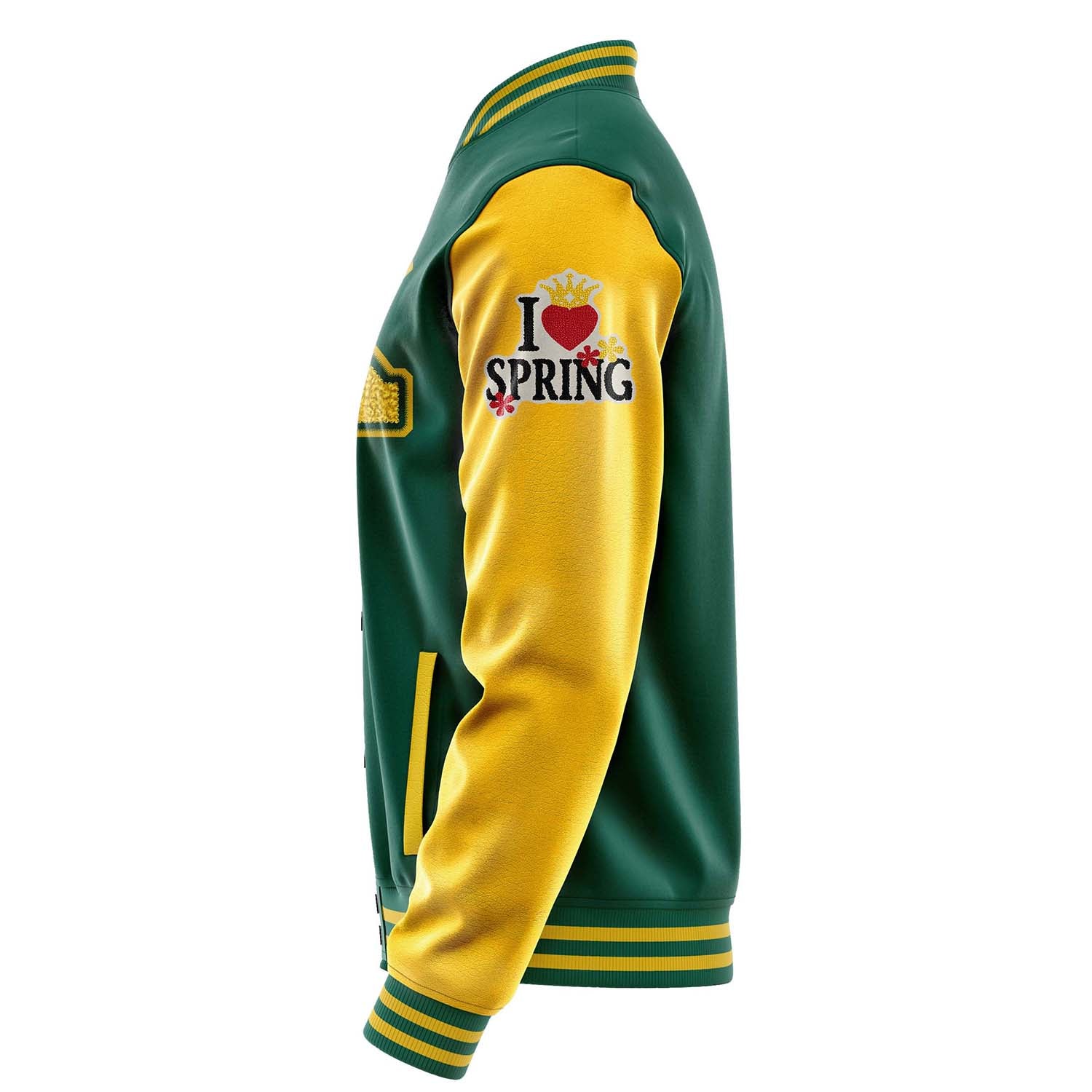 Custom Green Varsity Jacket Patches Egg Yellow Leather Sleeves - I Love Spring