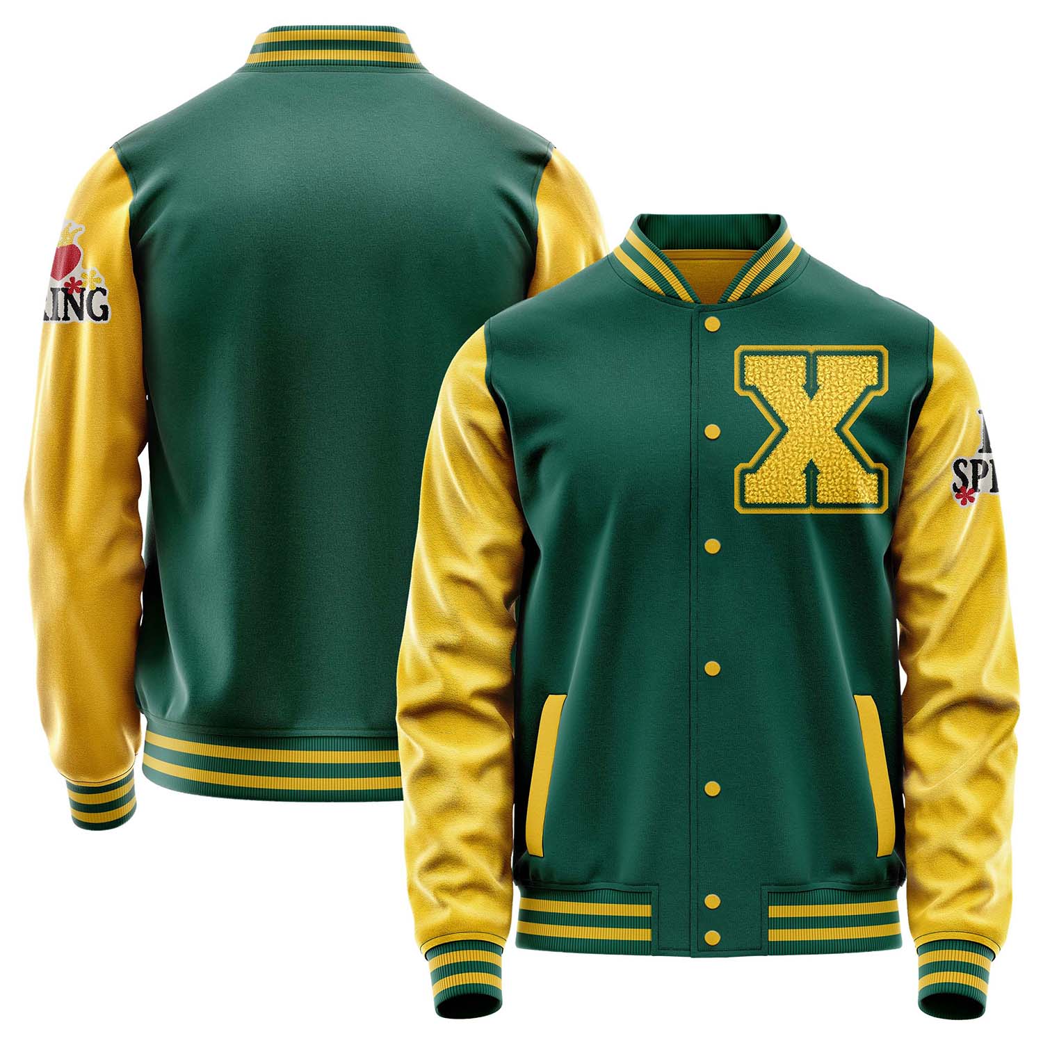 Custom Green Varsity Jacket Patches Egg Yellow Leather Sleeves - I Love Spring