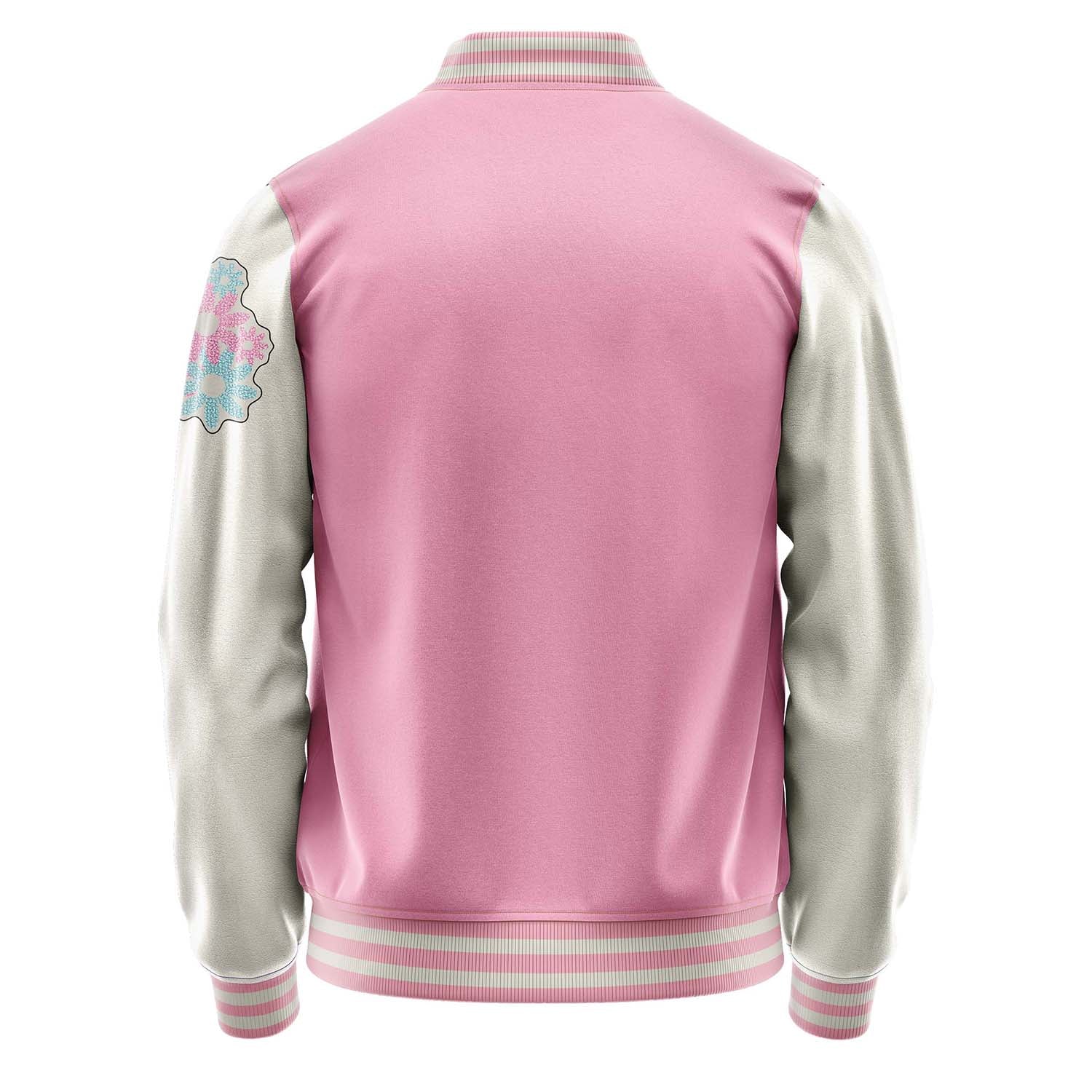 Custom Pink Varsity Jacket Patches Beige Leather Sleeves - Flowers