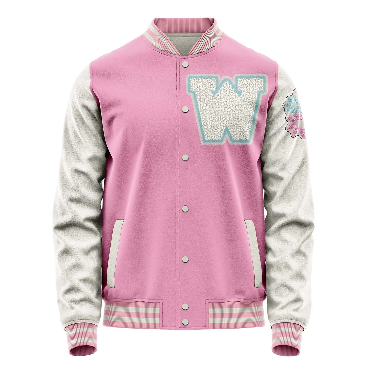 Custom Pink Varsity Jacket Patches Beige Leather Sleeves - Flowers