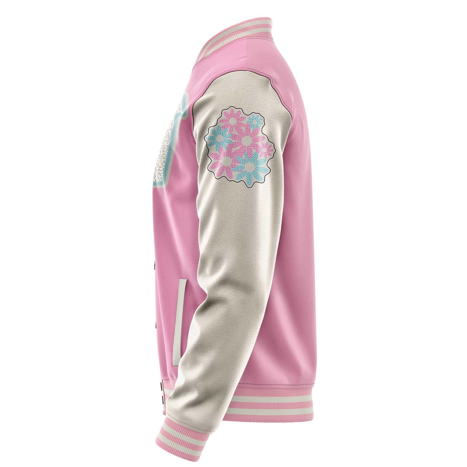 Custom Pink Varsity Jacket Patches Beige Leather Sleeves - Flowers