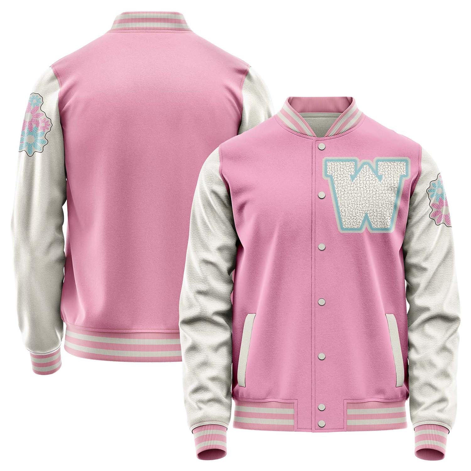 Custom Pink Varsity Jacket Patches Beige Leather Sleeves - Flowers