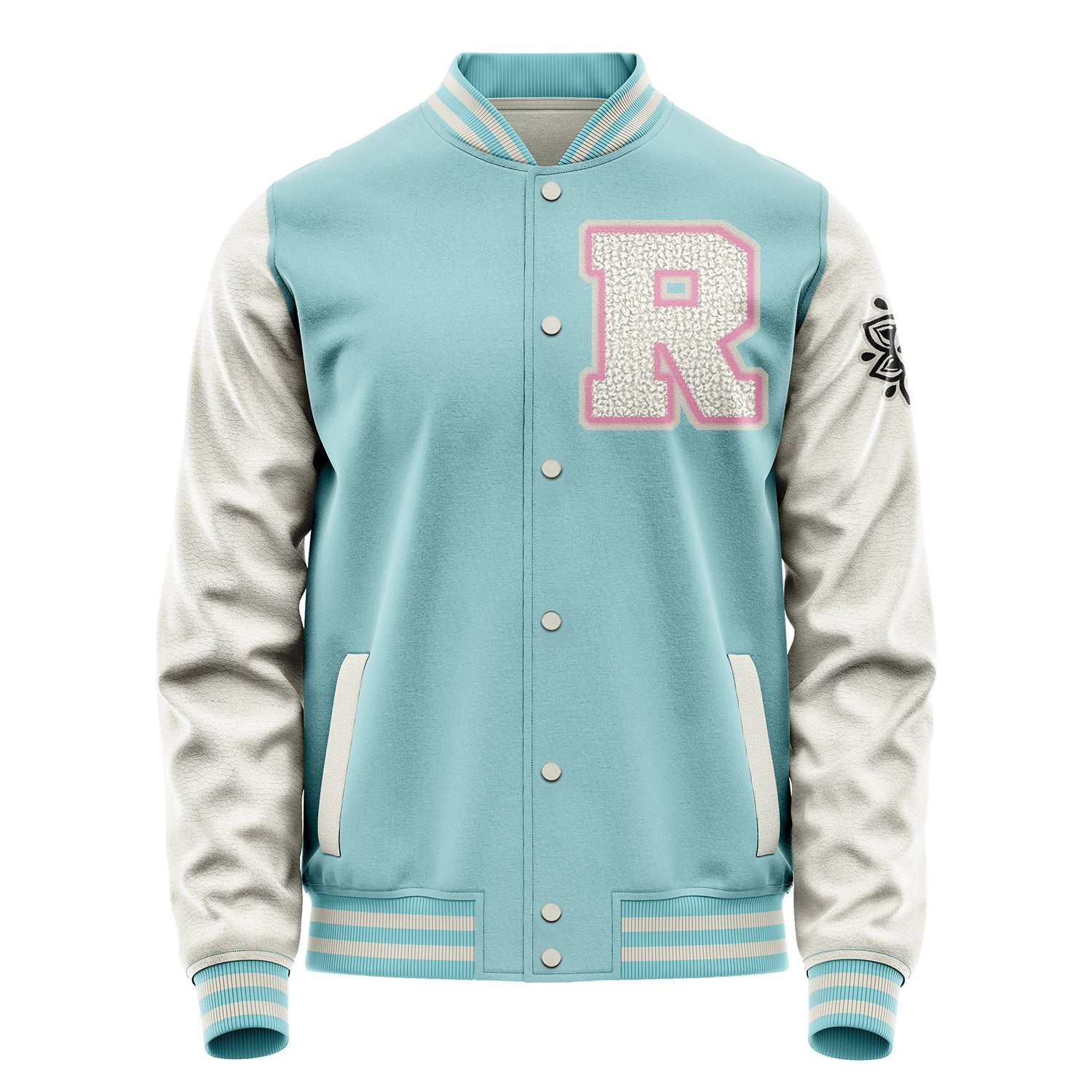 Custom Light Blue Varsity Jacket Patches Beige Leather Sleeves - Flower