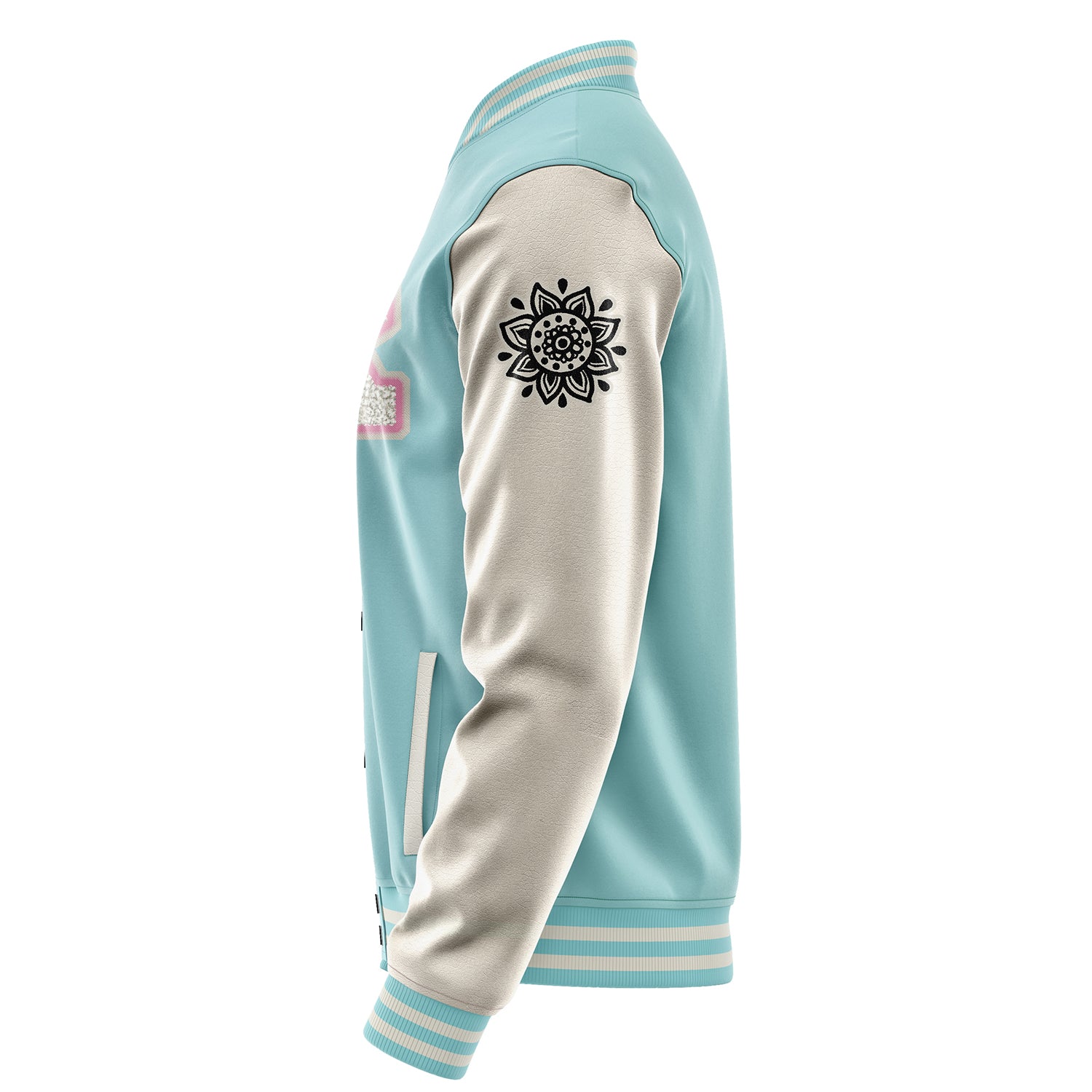 Custom Light Blue Varsity Jacket Patches Beige Leather Sleeves - Flower