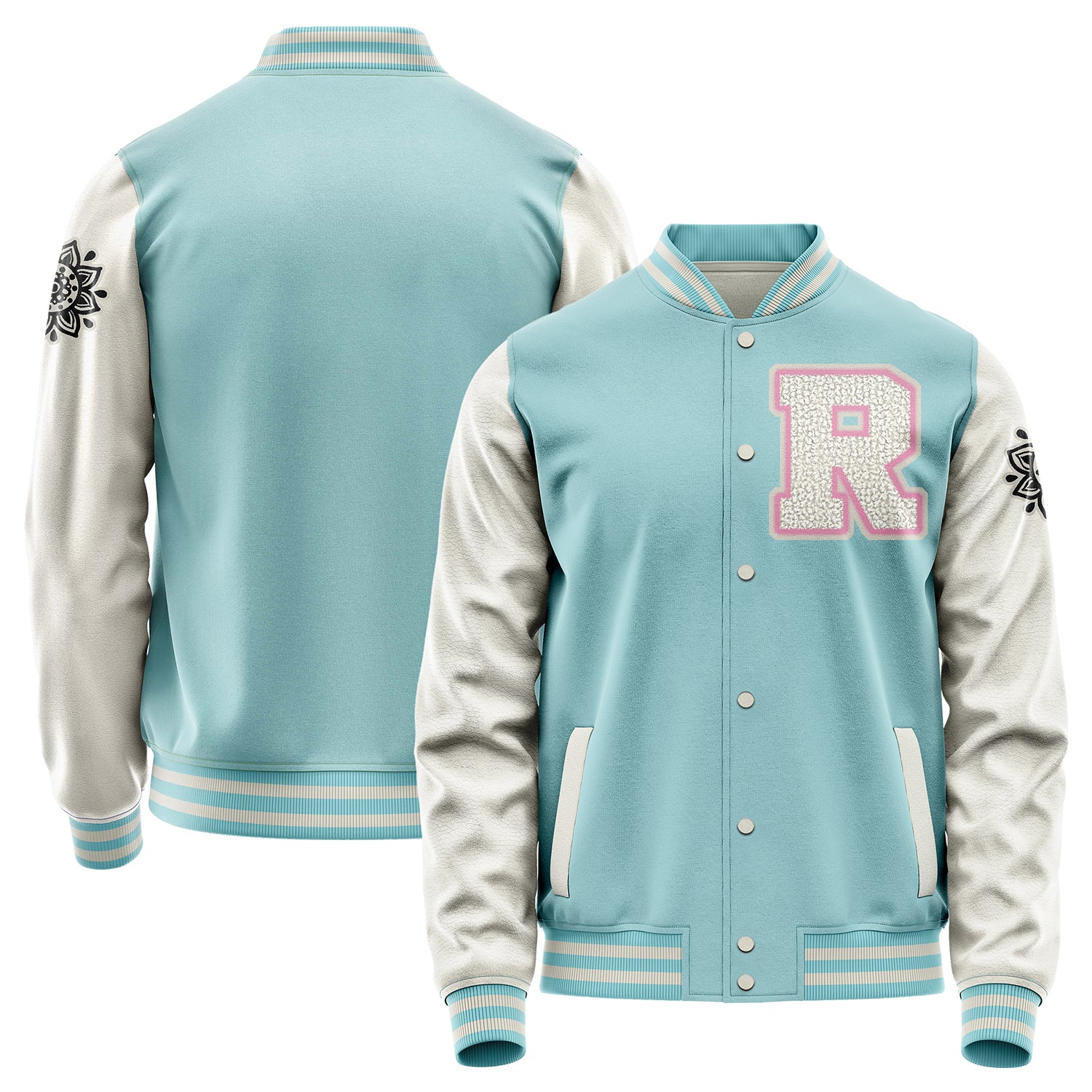 Custom Light Blue Varsity Jacket Patches Beige Leather Sleeves - Flower