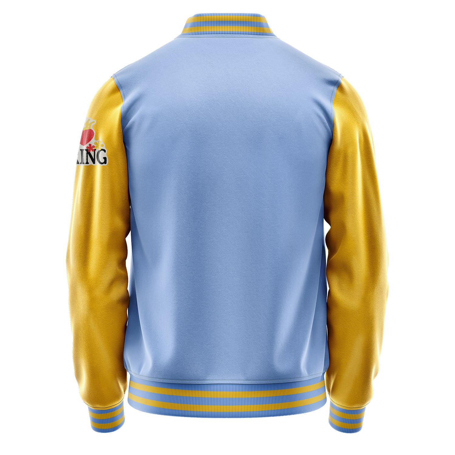 Custom Sky Blue Varsity Jacket Patches Egg Yellow Leather Sleeves - I Love Spring