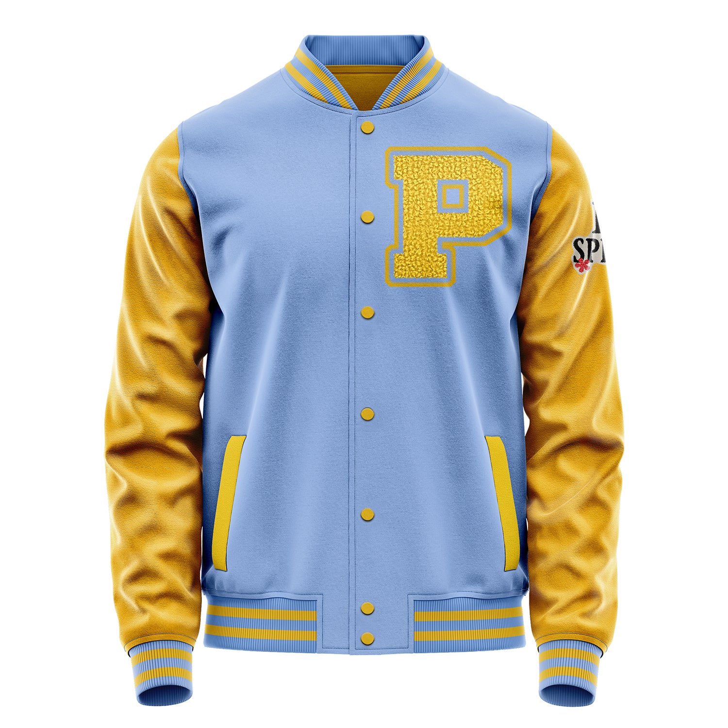 Custom Sky Blue Varsity Jacket Patches Egg Yellow Leather Sleeves - I Love Spring