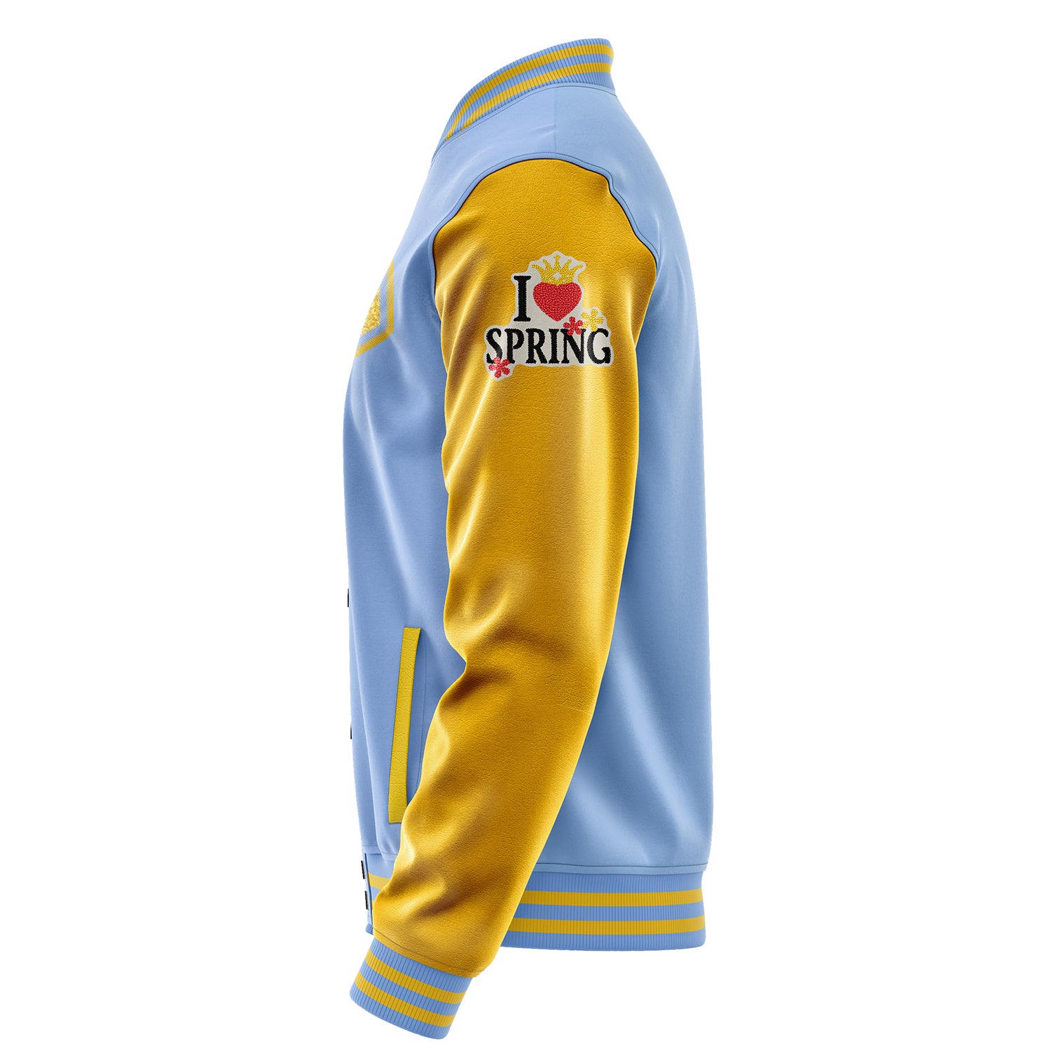 Custom Sky Blue Varsity Jacket Patches Egg Yellow Leather Sleeves - I Love Spring