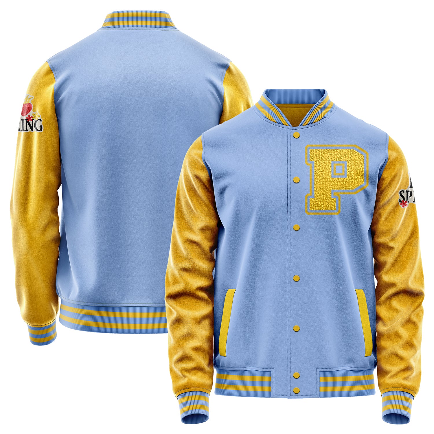 Custom Sky Blue Varsity Jacket Patches Egg Yellow Leather Sleeves - I Love Spring