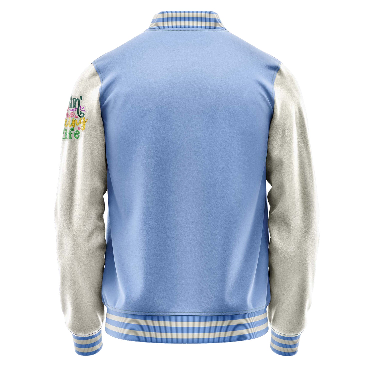 Custom Sky Blue Varsity Jacket Patches Beige Leather Sleeves - Living the Spring life