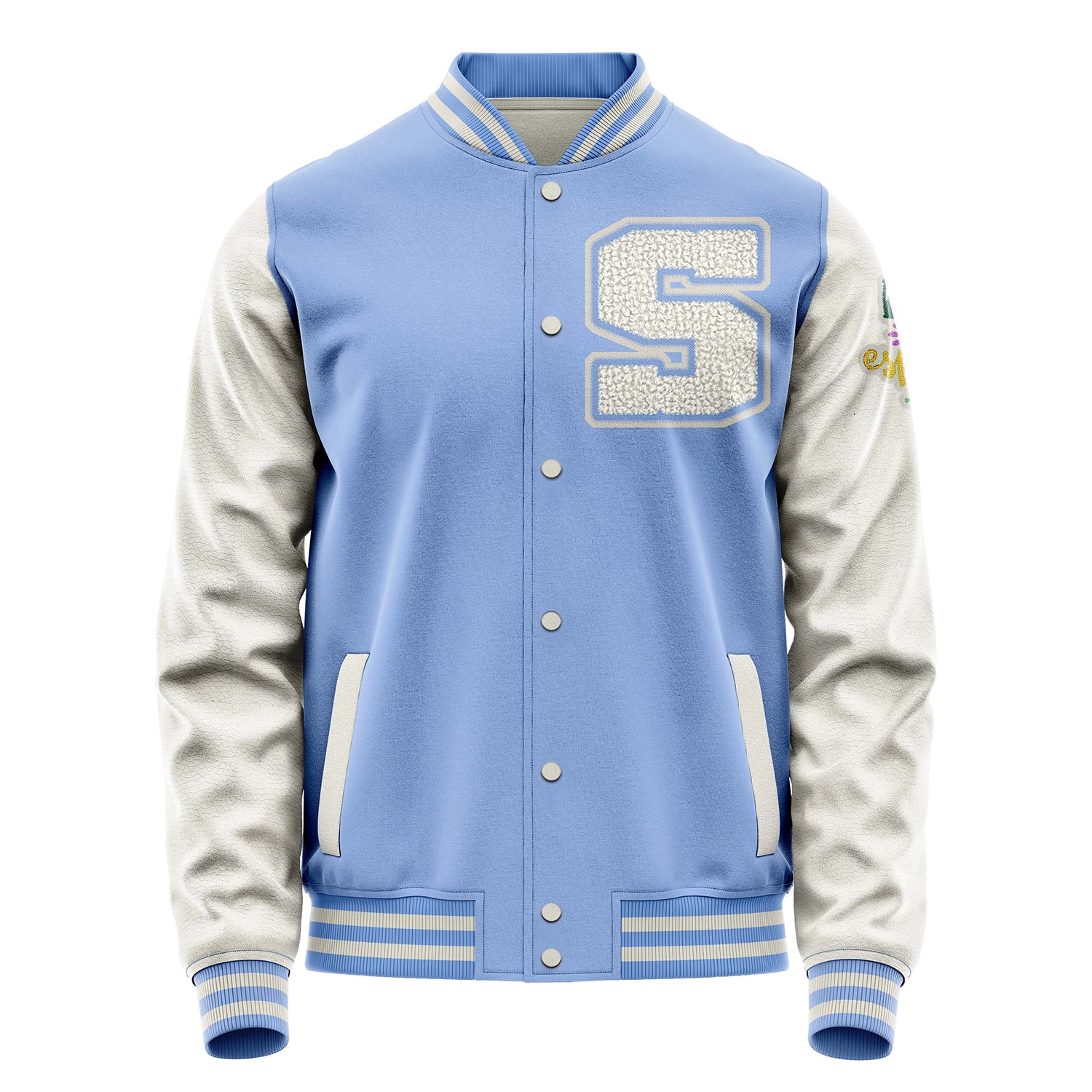 Custom Sky Blue Varsity Jacket Patches Beige Leather Sleeves - Living the Spring life