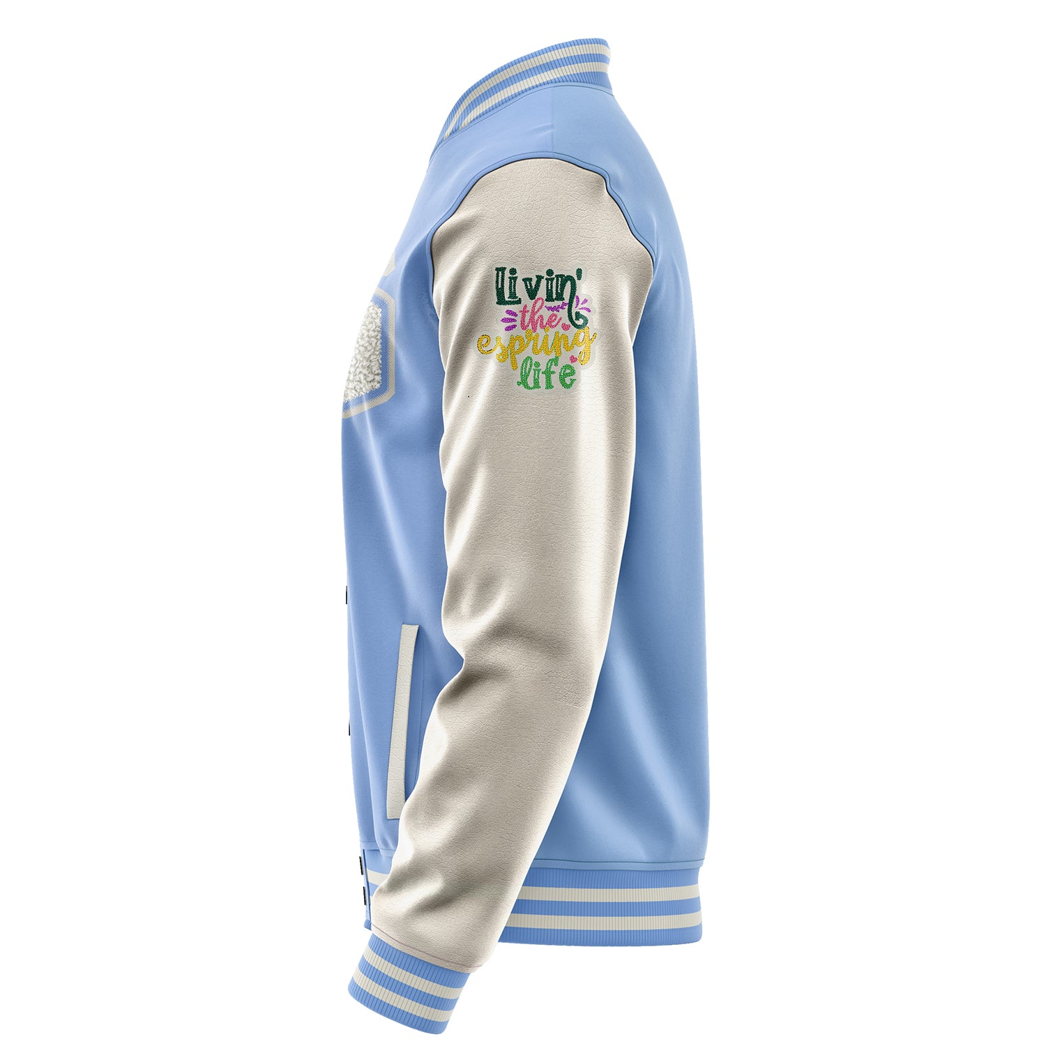 Custom Sky Blue Varsity Jacket Patches Beige Leather Sleeves - Living the Spring life