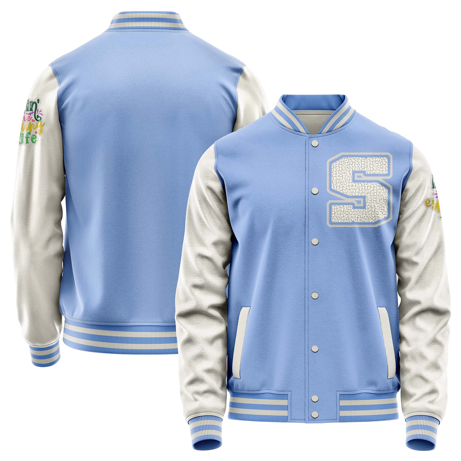 Custom Sky Blue Varsity Jacket Patches Beige Leather Sleeves - Living the Spring life