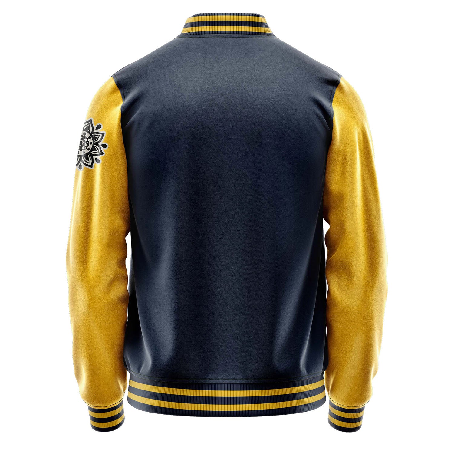 Custom Navy Blue Varsity Jacket Patches Egg Yellow Leather Sleeves - Flower