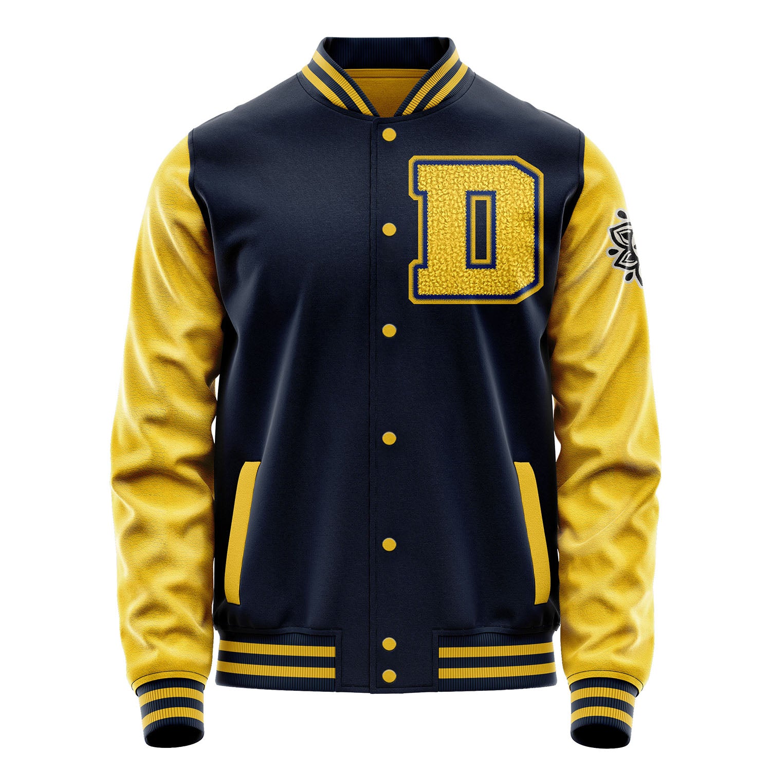 Custom Navy Blue Varsity Jacket Patches Egg Yellow Leather Sleeves - Flower