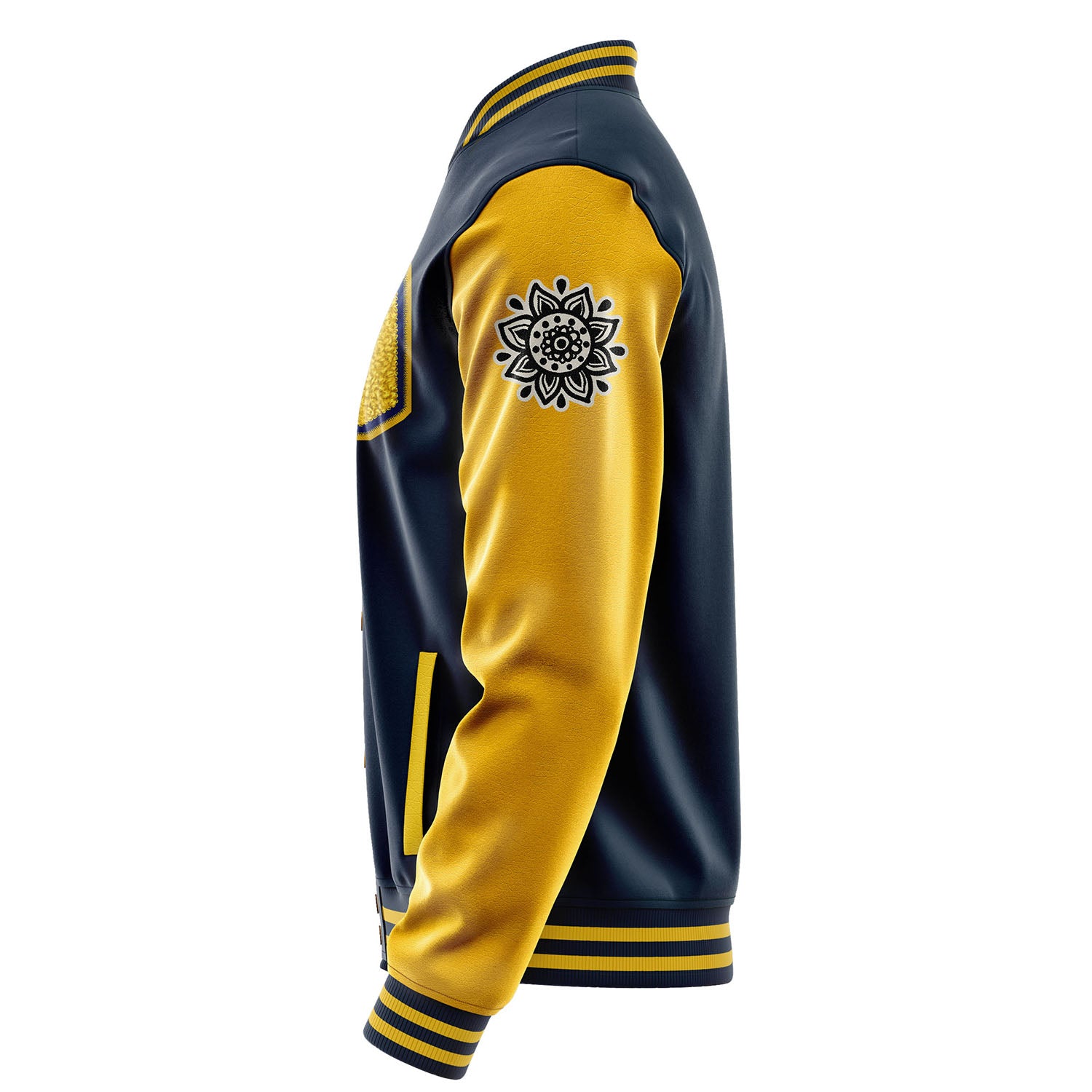 Custom Navy Blue Varsity Jacket Patches Egg Yellow Leather Sleeves - Flower